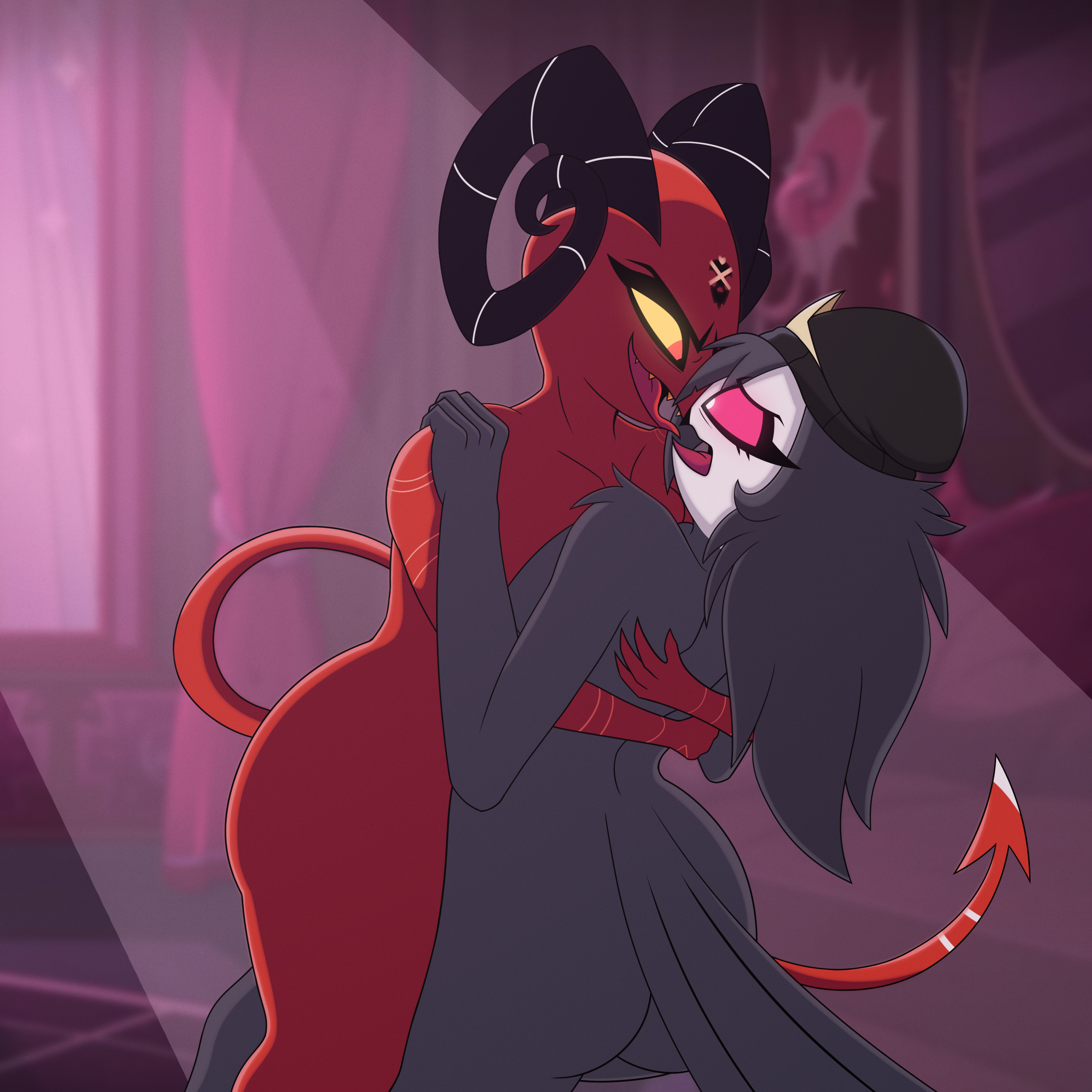 2girls, absurd res, anthro, anthro on anthro, ass, avian, barbie wire, beak, beanie, big ass, big butt, bird, black body, black feathers, butt, clothing, demon, detailed background, digital media (artwork), duo, feathers, female, female/female, forced, forced kiss, forced yuri, hat, headgear, headwear, helluva boss, hi res, horn, imp, kissing, looking pleasured, nude, octavia (helluva boss), open mouth, open smile, owl, red body, red eyes, scared, scared expression, sexual harassment, smile, thick thighs, tongue, tongue out, yuri, zancu