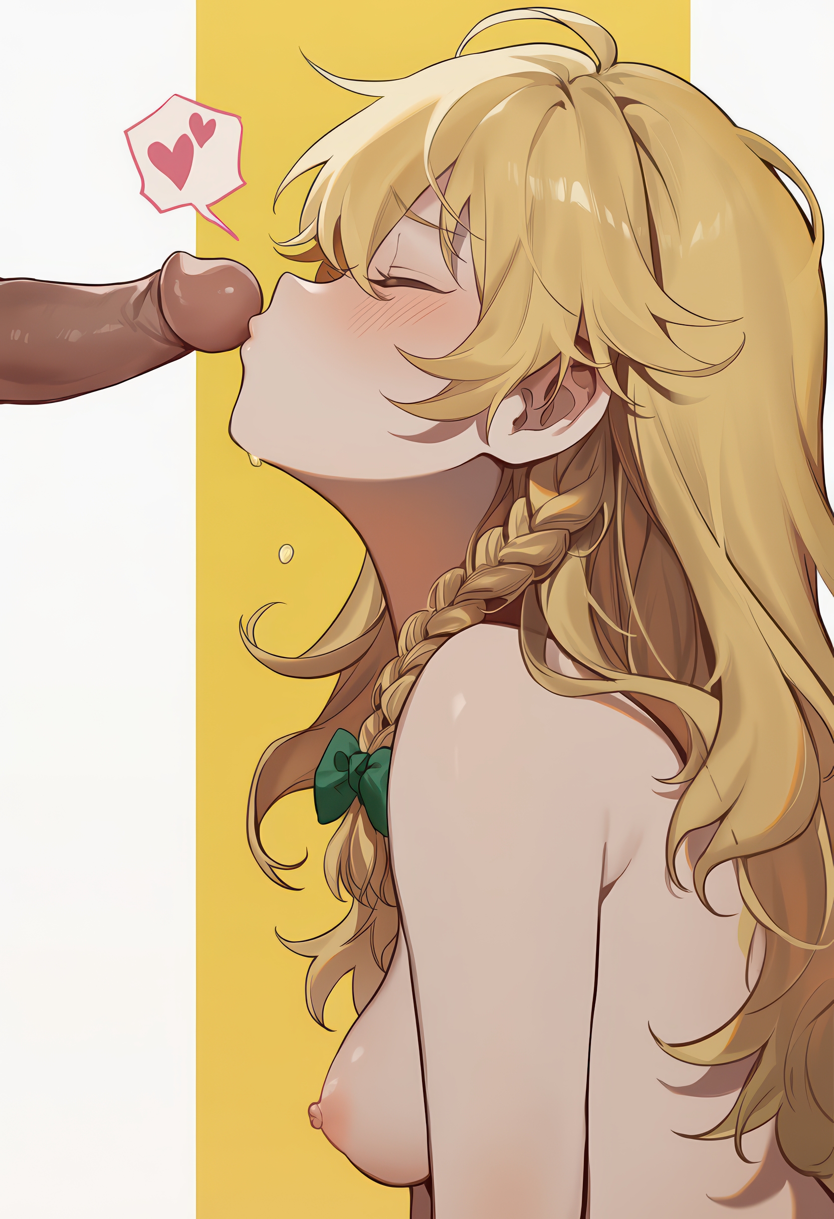 1boy, ai generated, blonde hair, blush, bow, braid, breasts, closed eyes, completely nude, erection, fellatio, female, fluffyhairenjoyer, from side, green bow, hair between eyes, hairbow, heart, kirisame marisa, kissing penis, long hair, male, nipples, novelai, nude, oral, penis, simple background, single braid, small breasts, solo focus, straight, touhou, two-tone background, uncensored, upper body, white background, yellow background