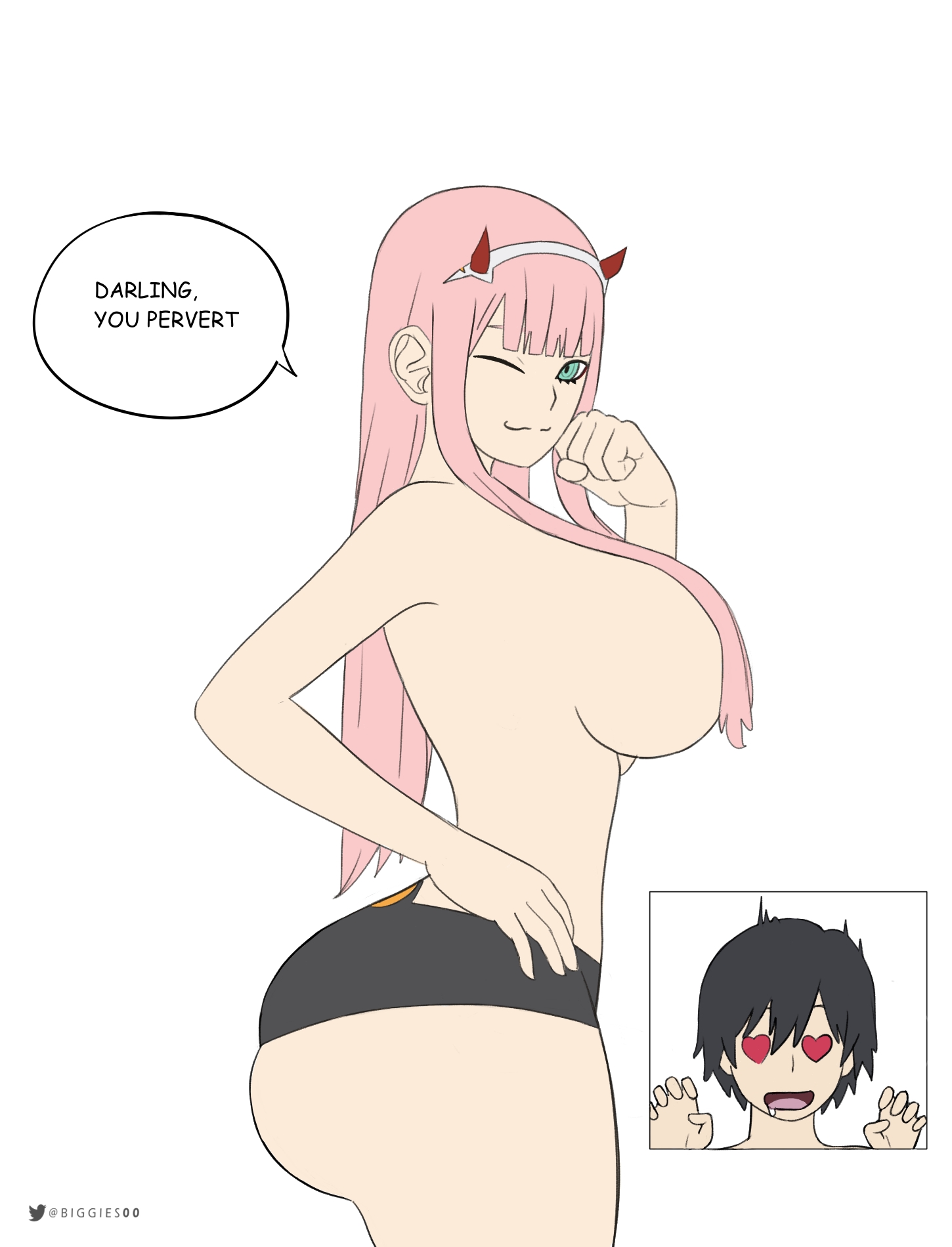 1boy, 1girls, ass, breasts, darling in the franxx, female, green eyes, heart-shaped pupils, hiro (darling in the franxx), huge ass, large breasts, male, pink hair, side view, zero two (darling in the franxx)