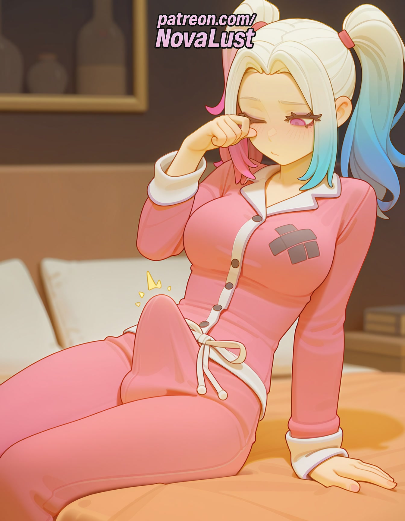 1futa, 2025, ai generated, arm support, artist name, balls, blurry, blurry background, bulge, chest, cock, dc, dc comics, erection, futa only, futanari, harley quinn, hi res, high quality, high resolution, highres, intersex, novalust, patreon, patreon username, penis, solo, stable diffusion, testicles, watermark