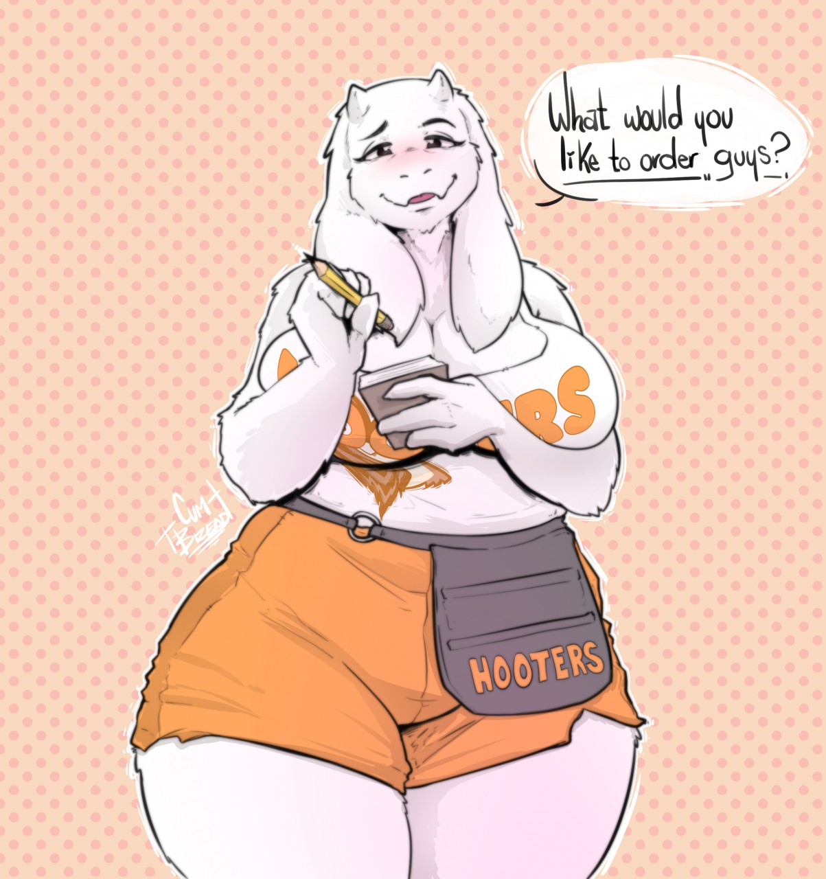 1girls, anthro, ass, breasts, cleavage, cumbread, english text, female, female focus, female only, furry, goat, goat horns, hips, hooters, hooters uniform, large ass, large breasts, milf, mother, notebook, pencil, shorts, text, thick thighs, thighs, toriel, undertale, undertale (series), wide hips