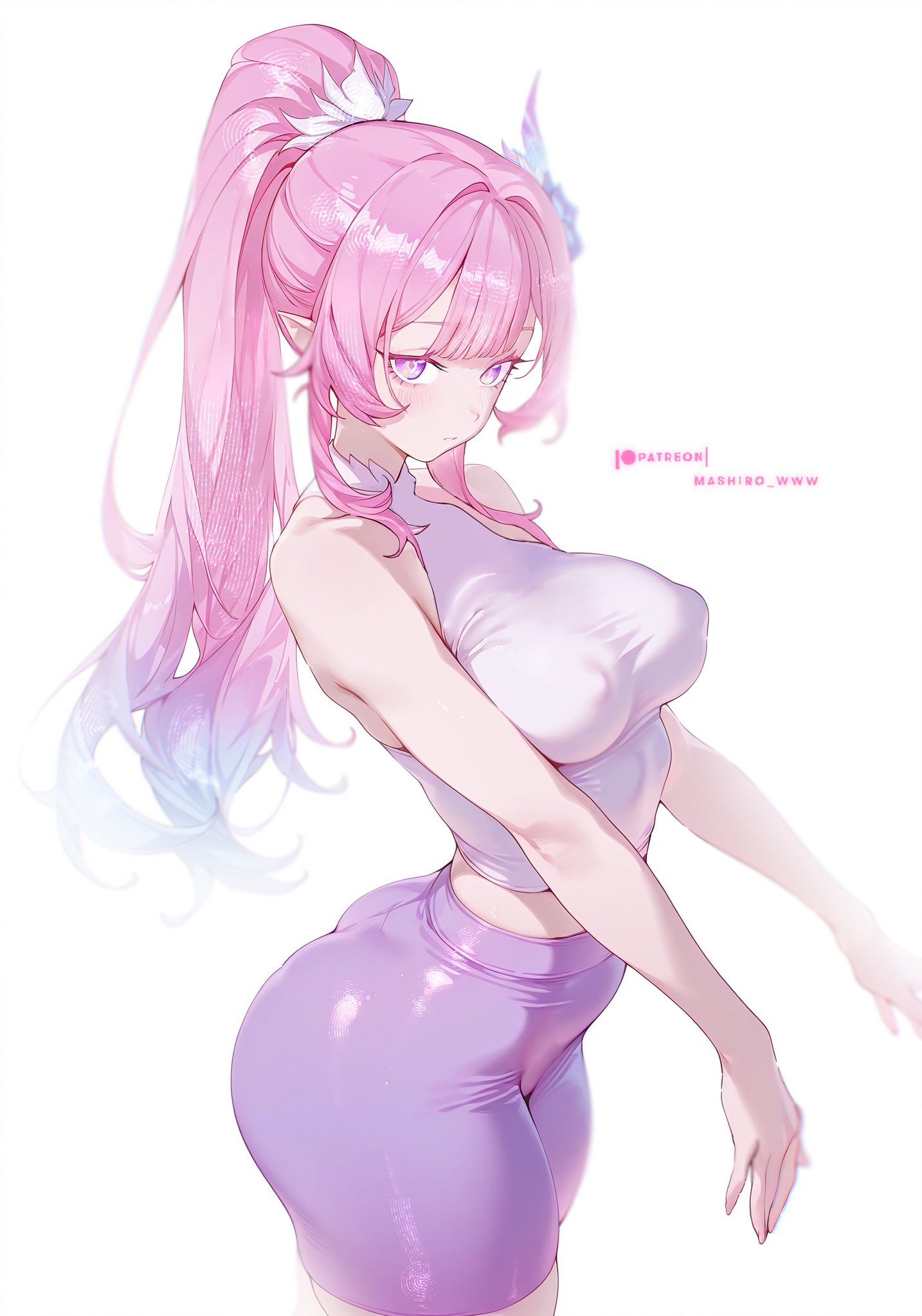 1girls, cyrene (honkai: star rail), demiurge (honkai: star rail), female, female focus, female only, highres, honkai (series), honkai: star rail, hoyoverse, looking at viewer, nipple bulge, patreon, patreon username, pink hair, purple hair, solo, solo female, solo focus, sports uniform, tagme (artist), white background