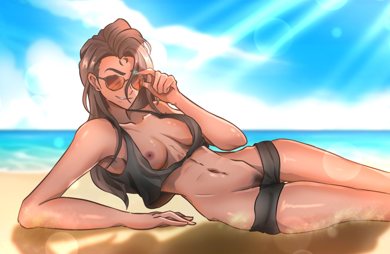 1girls, adjusting eyewear, adjusting glasses, alien stage, artist upload, beach, black tank top, black topwear, brown hair, clothing aside, dark skin, dark-skinned female, female, hyuna (alien stage), long hair, nanamitsu18, navel, nipples, nipslip, partially clothed, pubic hair, sand, smile, solo, sunglasses, sunlight, thick eyebrows, tinted eyewear