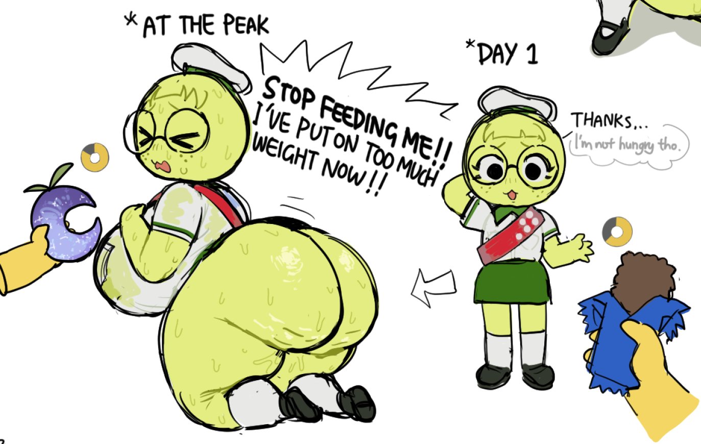 ass expansion, breast expansion, breast growth, breast growth (enlargement), breasts, dialogue, english text, female, glasses, glasses on head, imaspacebar, nerd, nerdy, nerdy female, peak (videogame), peak-chan (okgaki), scout (peak), sweat, sweaty, sweaty body, weight gain, yellow skin