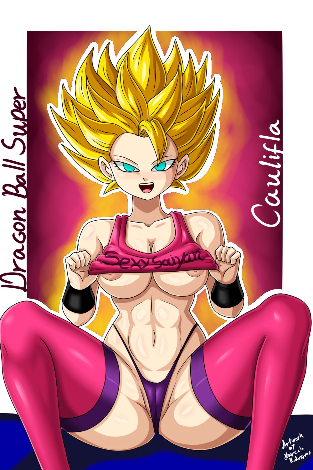 1girls, 2:3, 2020, big breasts, blue eyes, breasts, cameltoe, caulifla, character name, cleavage, dragon ball, dragon ball super, english text, female, female only, large breasts, open mouth, panties, pussy, rodriguesd-marcelo, shirt lift, smile, solo, spiky hair, super saiyan, super saiyan 2, text, thighhighs, underboob, yellow hair