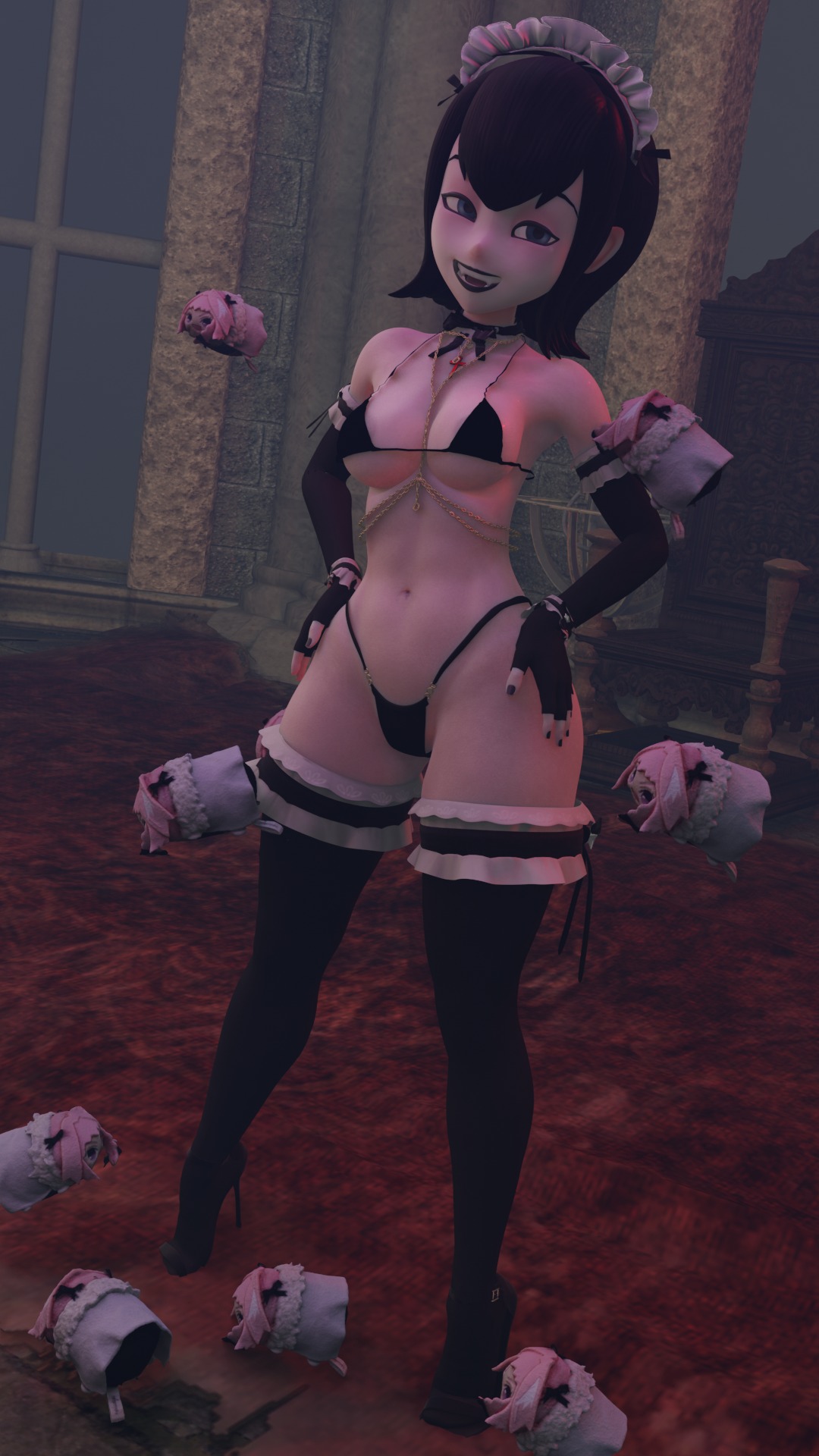 3d, astolfo (fate), background, black hair, bra, breasts, child bearing hips, color, crossover, curvy, fate (series), female, high heels, hotel transylvania, huge breasts, lingerie, maid uniform, mavis dracula, panties, plush, stockings, tagme, thick thighs, thighhighs, vampire girl, voluptuous, wide hips