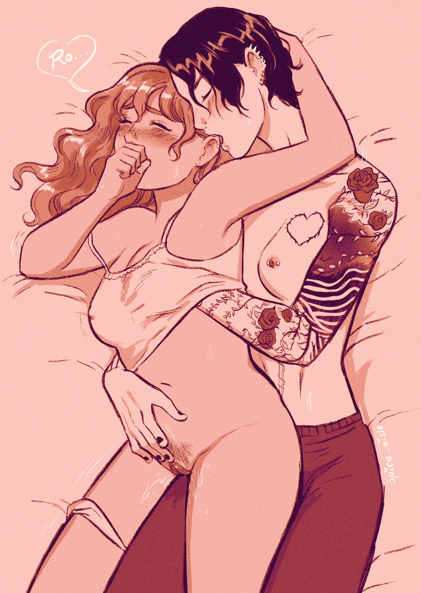 2d, 2d (artwork), 2girls, breast grab, breasts, breasts out, bush, bushy pubes, butch, cute expression, dominant, dominant female, domination, ear bite, ear nibble, female, female/female symbol, femdom, femsub, grope, groping, groping breasts, groping from behind, hairy, hairy pussy, heartstrings (series), isidora velasco (heartstrings), lesbian couple, lesbian domination, lesbian focus, lesbian sex, masturbating, masturbating other, masturbation, nipple piercing, pierced nipples, piercing, piercings, pussy, ro cambria (heartstrings), rubbing pussy, spice aisle, submissive, submissive female, tattoo, tomboy, vaginal fluids, vaginal juices, vaginal masturbation, wholesome, yuri