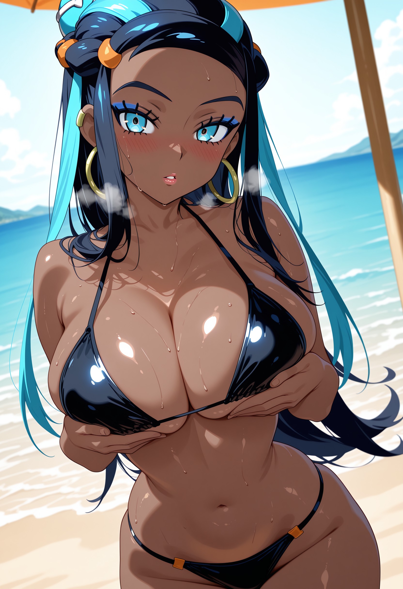 1girls, ai generated, asking for it, dark-skinned female, female, female only, kawaani, looking at viewer, nessa (pokemon), pokemon, pokemon ss, seductive, skimpy, skimpy bikini, solo