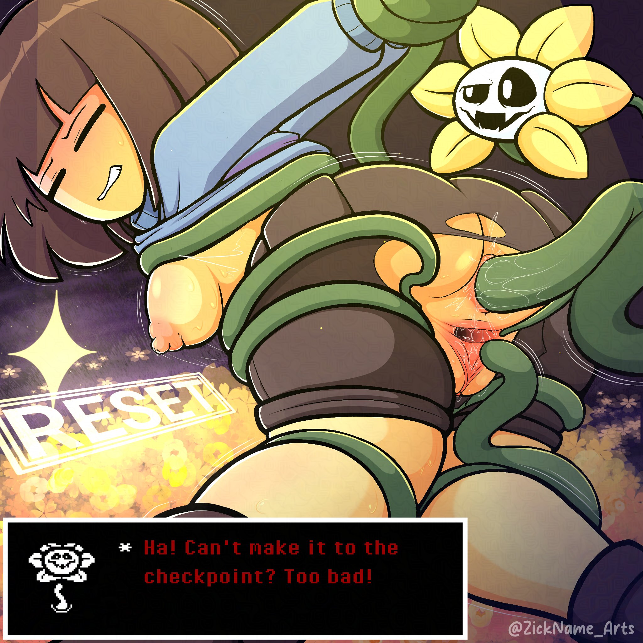 1boy, 1girls, anal, anal sex, arms behind back, ass, breasts, breasts out, brown hair, dialogue box, english, english text, female, flower, flowey the flower, frisk, frisk (undertale), imminent vaginal, male, nipples, open pussy, pussy, rape, raped, restrained, sex, sideboob, spread pussy, tentacle, tentacle rape, tentacle sex, tentacles, torn clothes, undertale, vines, zickname