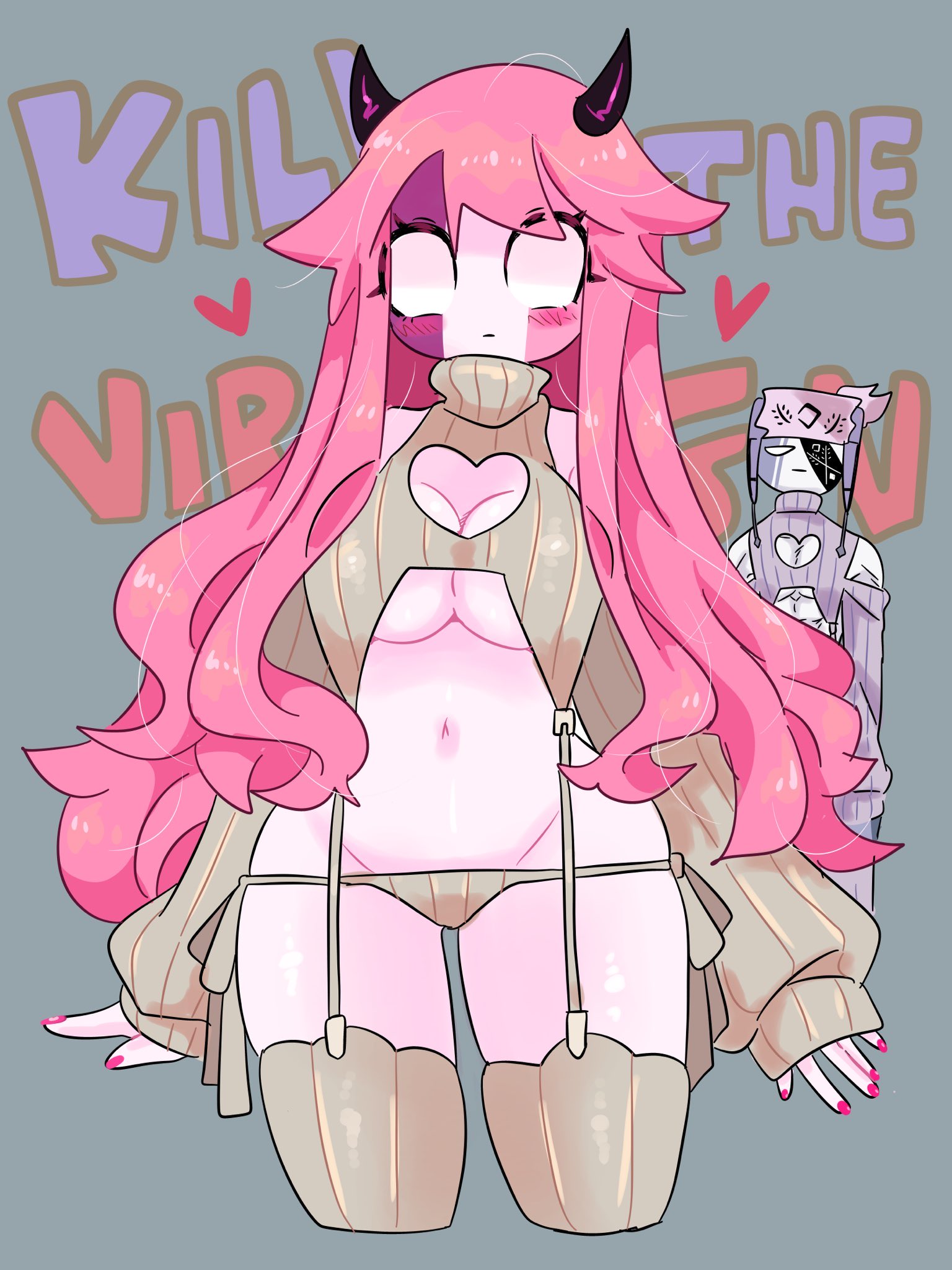 1boy, 1girls, couple, demon, demon girl, female, fnf, friday night funkin, gray hair, grey skin, male, mid fight masses, mkcomvftg123, nun, pink hair, pink skin, ruv (dokki.doodlez), ruv (friday night funkin), sarvente (dokki.doodlez), sarvente (friday night funkin), succubus, tagme, virgin killer sweater