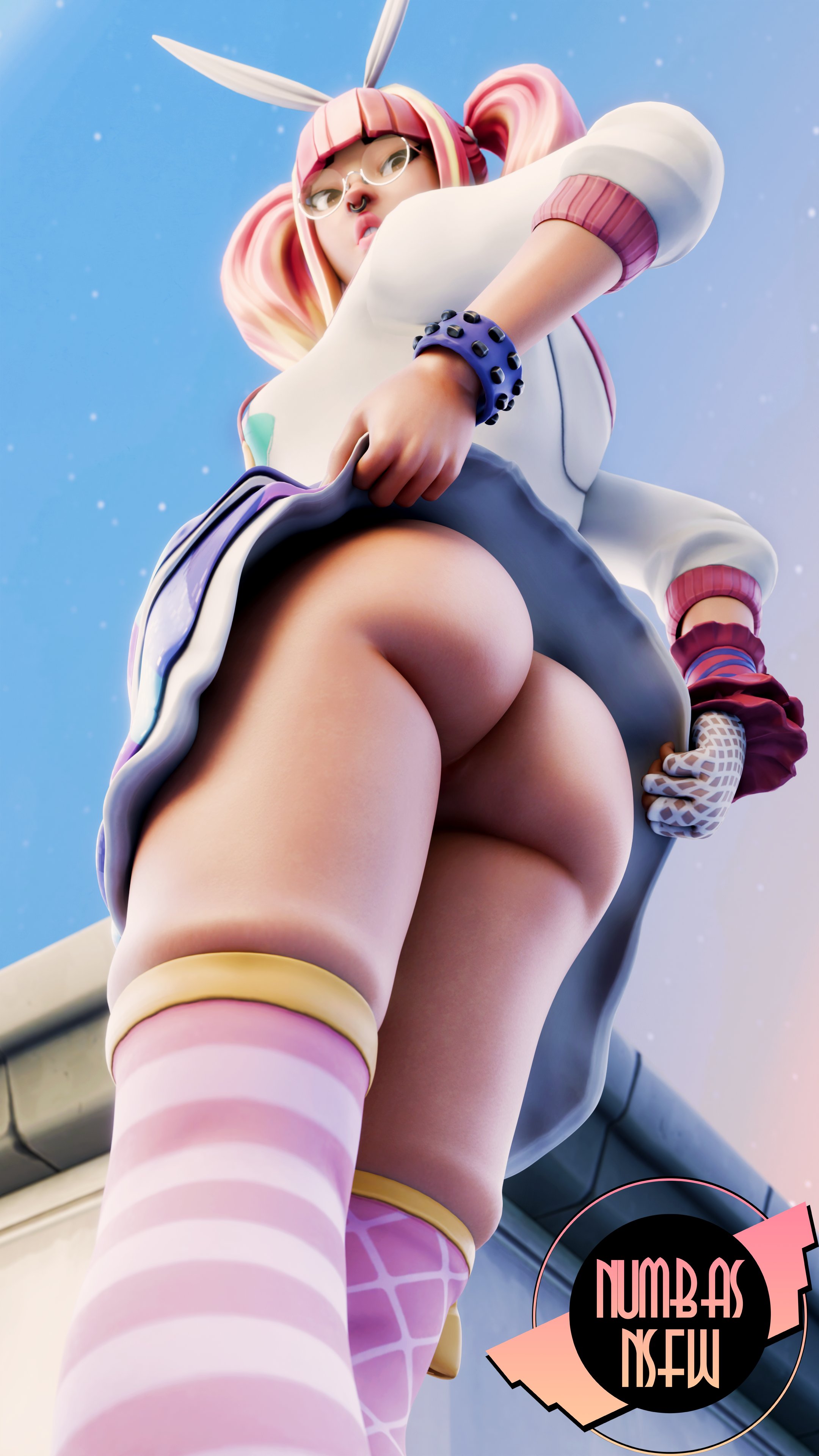 1girls, 2025, 3d, 3d (artwork), 3d background, 3d model, alternate version available, armwear, artist name, ass, ass focus, big ass, bracelet, brown eyes, clothed, clothed female, dress, dress lift, epic games, female, female focus, female only, fingerless gloves, fortnite, fortnite: battle royale, fringe, glasses, lace (fortnite), lifting skirt, light skin, light-skinned female, looking at viewer, looking down, looking down at viewer, makeup, no panties, no panties under skirt, nose ring, numbasnsfw, pink hair, pink lipstick, presenting, presenting ass, presenting hindquarters, remastered, round ass, round butt, septum piercing, septum ring, skirt, skirt lift, skirt up, sky, solo, solo female, standing, stockings, thick, thick ass, thick butt, thick legs, thick thighs, tight legwear, tight stockings, twintails, two-tone dress, two-tone hair, upskirt, watermark, white dress, white skirt, x redeyes