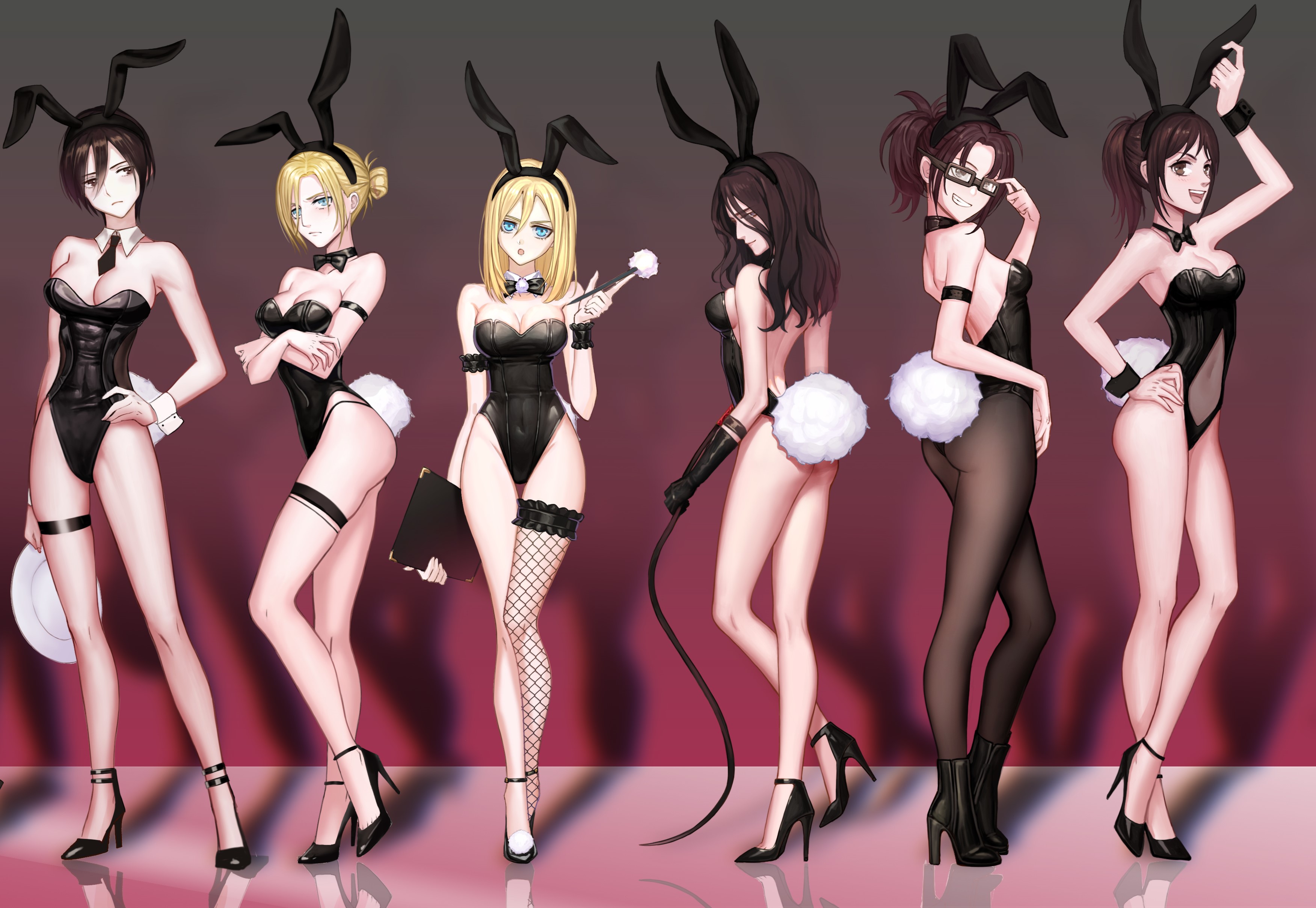 2d, 6girls, annie leonhardt, attack on titan, bare shoulders, big breasts, blush, breasts, bunny, bunny ears, bunny girl, bunny tail, bunnysuit, christa lenz, exposed shoulders, fake animal ears, fake ears, fake rabbit ears, fake tail, female, glasses, hanji zoe, high heel boots, high heels, hips, historia reiss, hourglass figure, mikasa ackerman, multiple females, multiple girls, petite, pieck finger, playboy bunny, playboy bunny leotard, royalty, sasha braus, shingeki no kyojin, strapless leotard, thighs, waist, yaoko