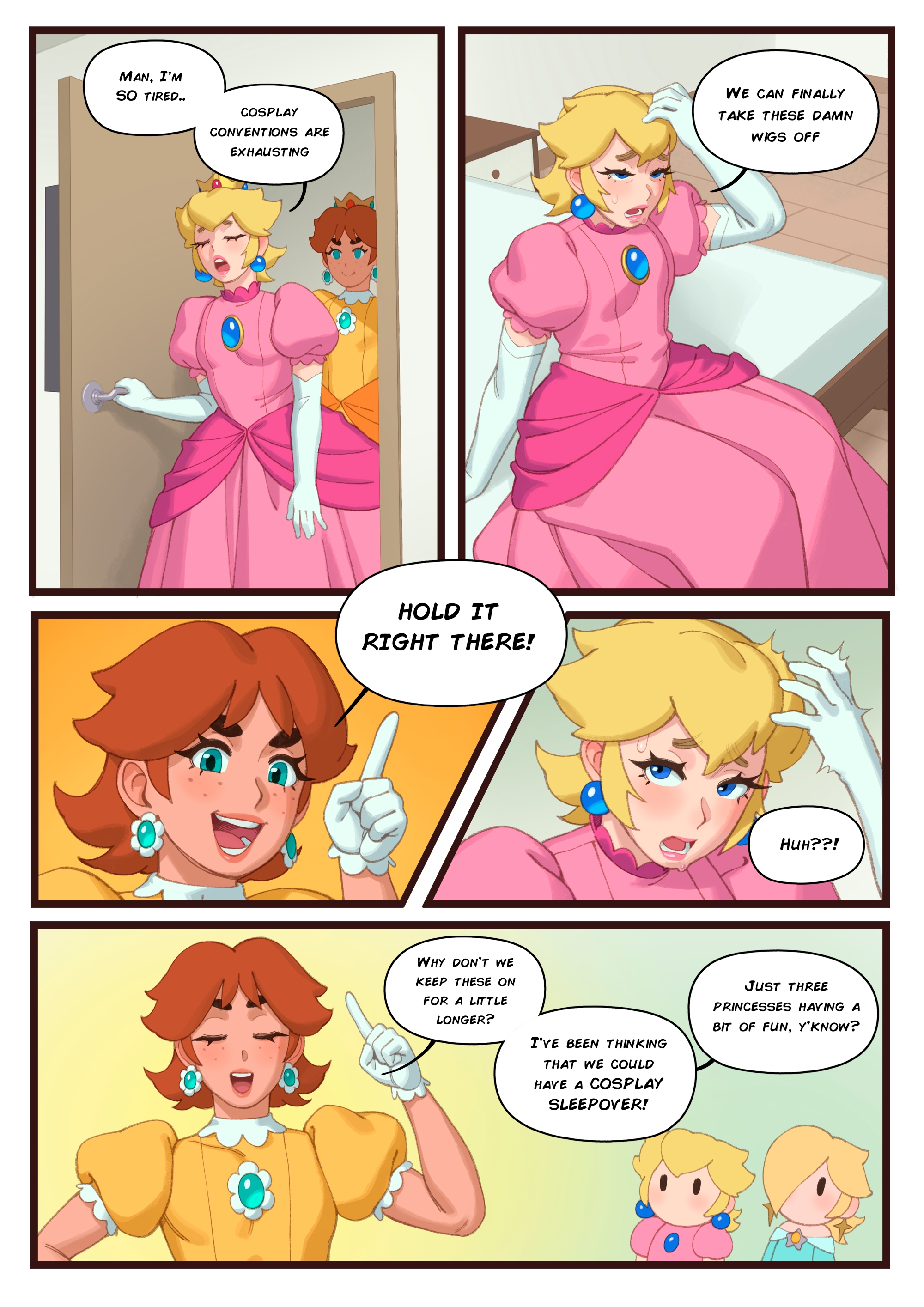 3femboys, absurd res, blonde hair, brown hair, comic, comic page, cosplay, dark skin, dark-skinned male, dick, femboy, feminine male, light skin, light-skinned male, male, male only, mario (series), penis, princess daisy, princess daisy (cosplay), princess peach, princess peach (cosplay), princess rosalina (cosplay), rizdraws, rule 63, tagme, text