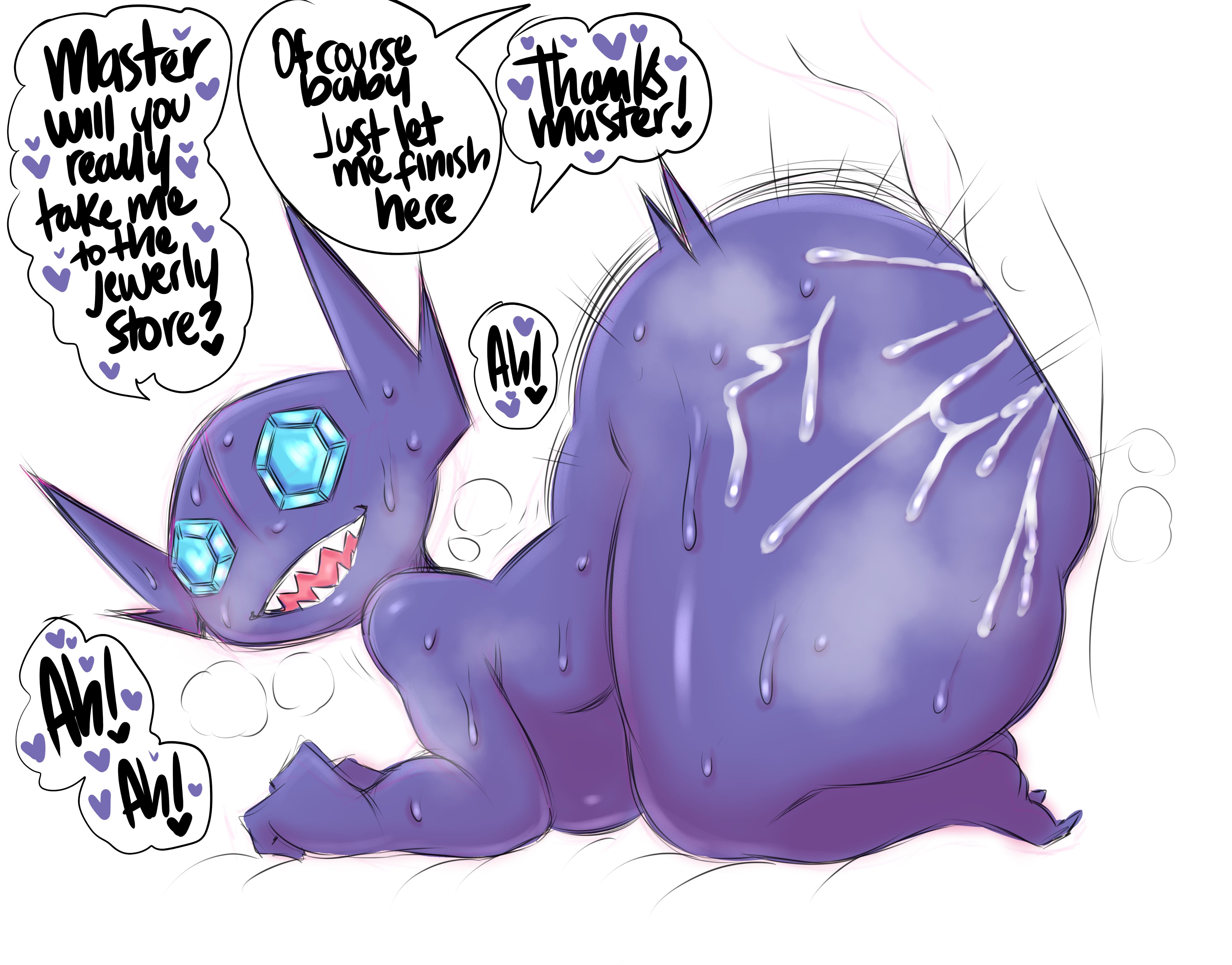 1boy, 1girls, ass, big ass, cum, cum inside, fat ass, female, female pokemon, huge ass, huge thighs, human on pokemon, interspecies, large ass, male, nintendo, pokemon, pokemon rse, pokephilia, purple body, sableye, saltyxodium, sharp teeth, size difference, smaller female, speech bubble, sweat, text, thick thighs, thighs, voluptuous