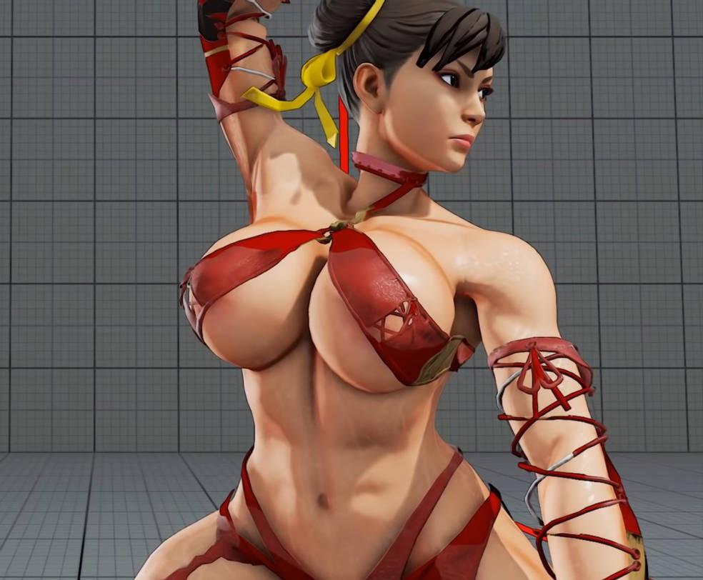 1girls, 3d, alternate costume, bare shoulders, breasts, brown hair, capcom, chun-li, closed mouth, female, female focus, female only, game screenshot, hair bun, hair ribbon, large breasts, mod, navel, revealing clothes, screencap, screenshot, solo, street fighter, street fighter v, yellow ribbon