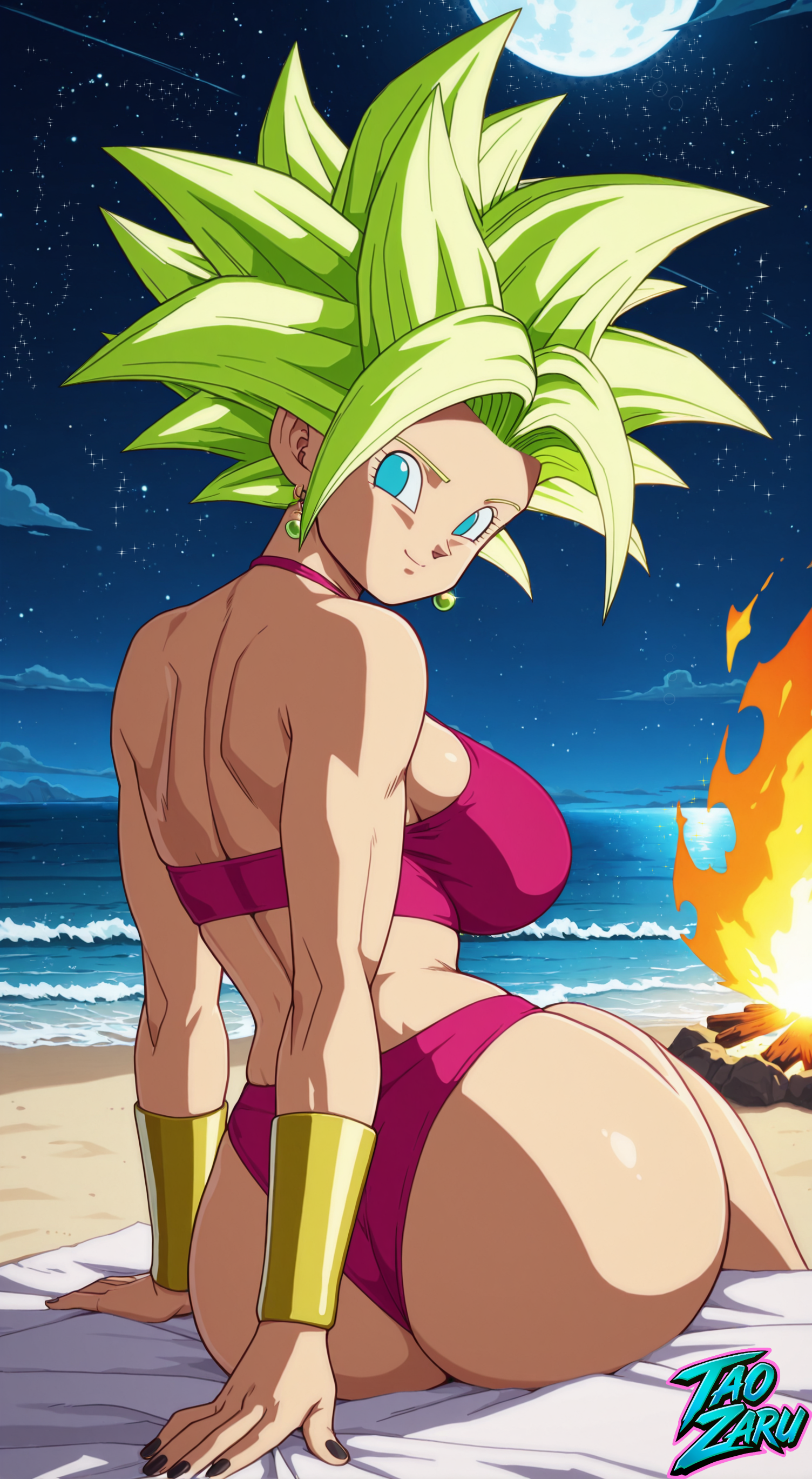 ai assisted, ai generated, beach, behind view, big ass, big breasts, breasts, female, female only, fireplace, kefla, kefla (dragon ball), night, smile, taozaru