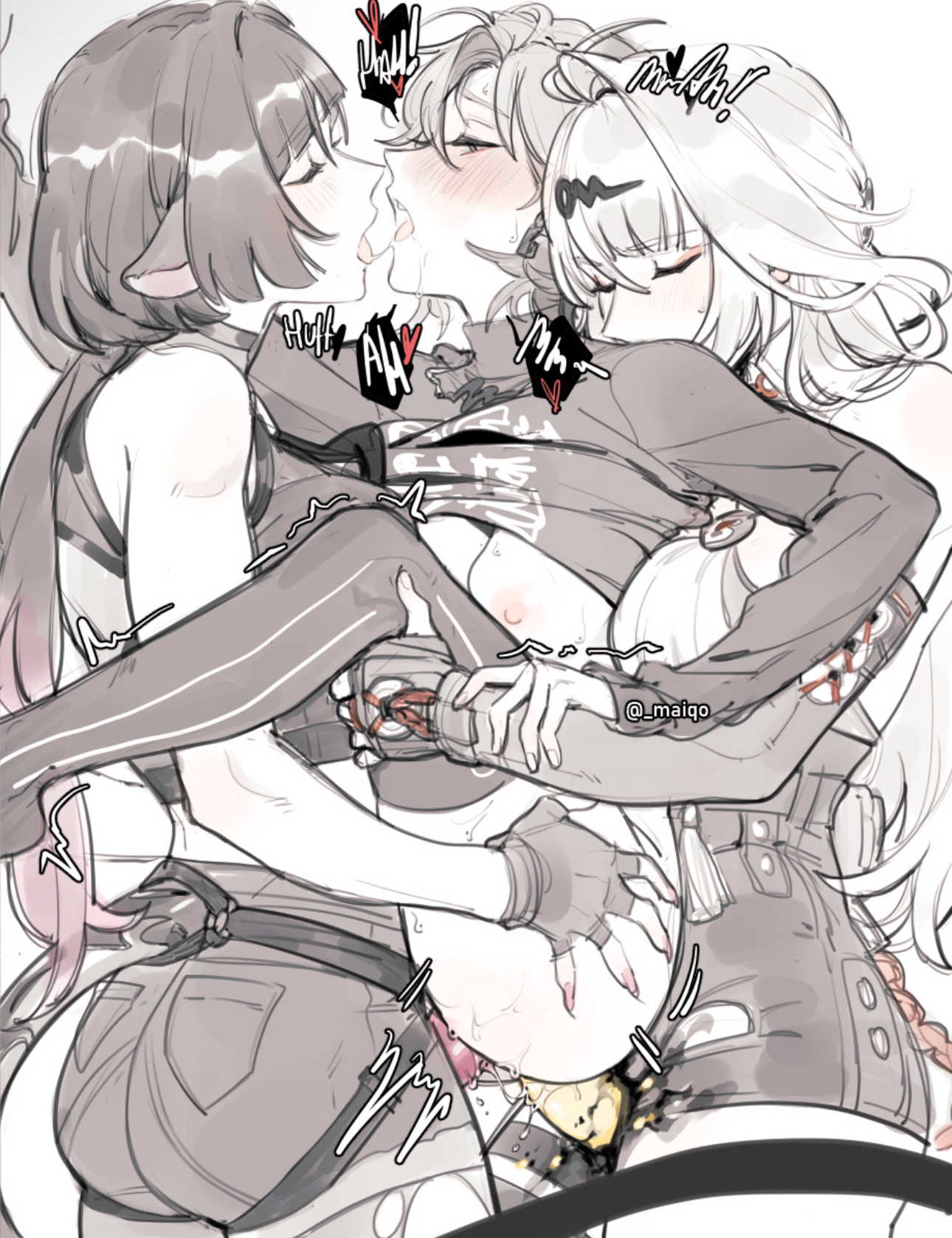 3girls, ass, belle (zenless zone zero), blush, breasts, closed eyes, clothed, clothed sex, dildo, double penetration, exposed breasts, female, gloves, holding, jane doe (zenless zone zero), maiqo, multiple females, multiple girls, nipples, strap-on, strapon, threesome, tongue out, yixuan (zenless zone zero), yuri, zenless zone zero
