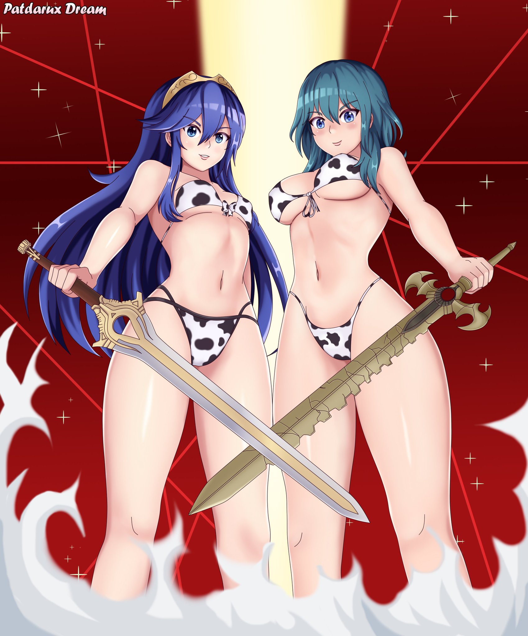 2girls, bikini, blue hair, byleth (fire emblem), byleth (fire emblem) (female), cow bikini, cow print, falchion (fire emblem), female, female only, fire emblem, fire emblem awakening, fire emblem: three houses, holding object, looking at viewer, lucina (fire emblem), nintendo, patdarux, sword, sword of the creator, year of the ox