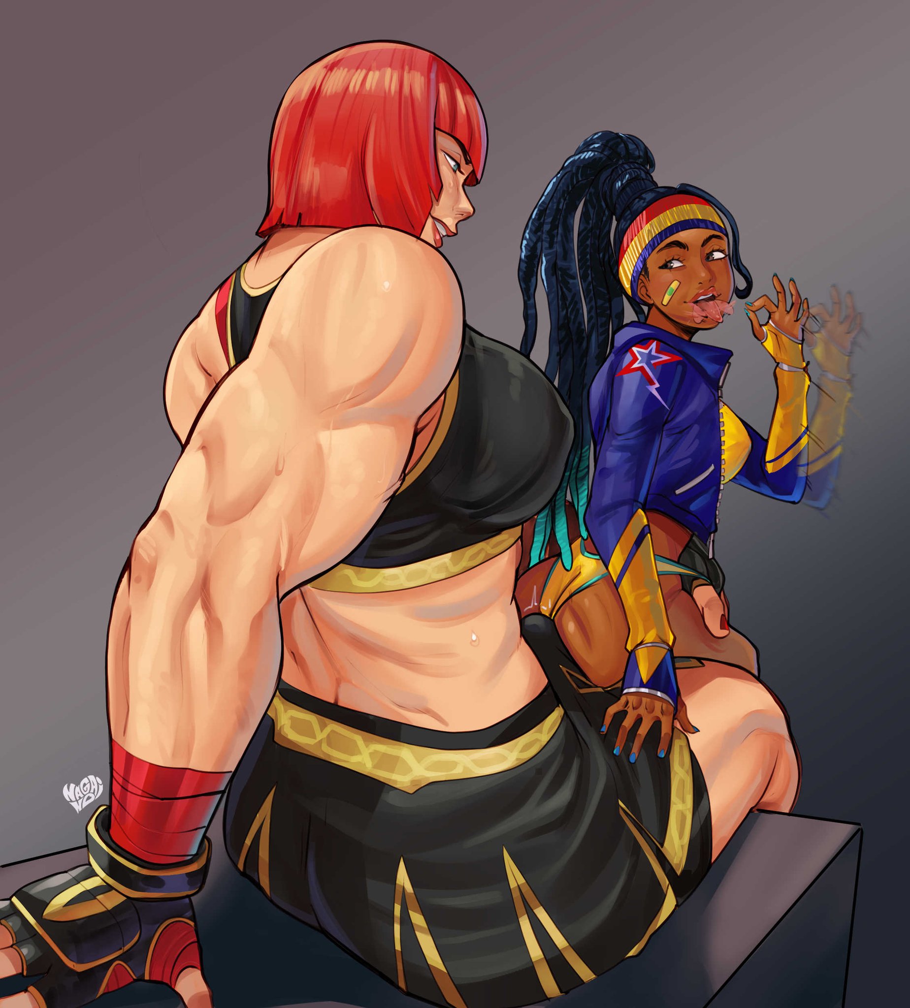 1futa, 1girls, dark skin, dark-skinned female, erection, erection under clothes, female, futanari, intersex, kimberly jackson, looking at another, marisa rossetti, nagainosfw, oral invitation, pale skin, pale-skinned futa, size difference, street fighter, street fighter 6, tongue, tongue out