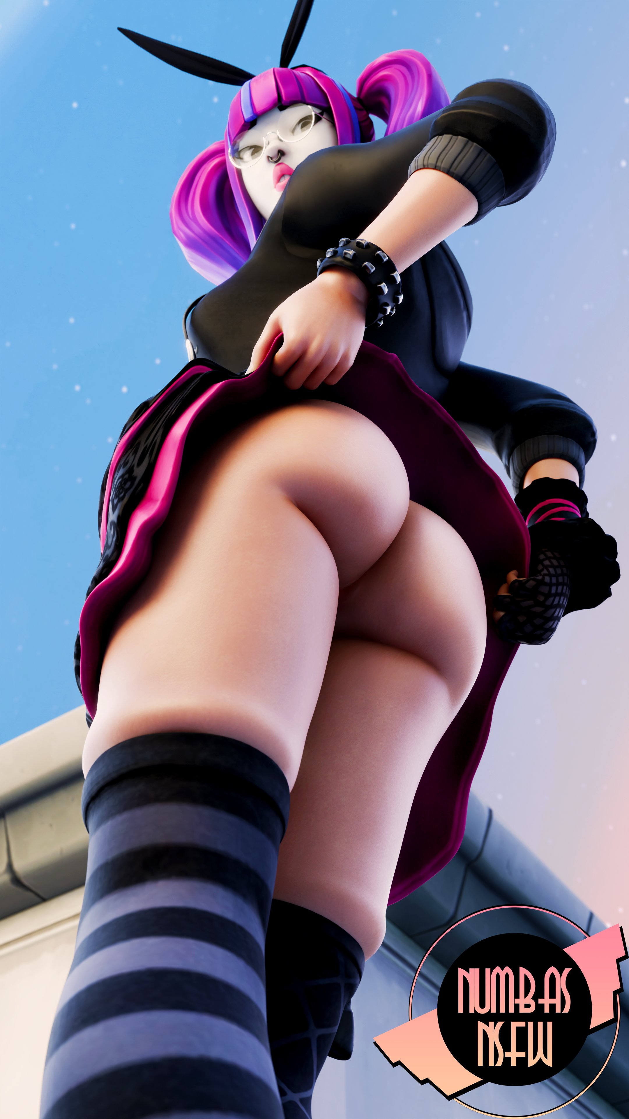 1girls, 2025, 3d, 3d (artwork), 3d background, 3d model, armwear, artist name, ass, ass focus, big ass, black dress, bracelet, brown eyes, dress, dress lift, epic games, facepaint, female, female focus, female only, fingerless gloves, fortnite, fortnite: battle royale, fringe, glasses, lace (fortnite), lifting skirt, light skin, light-skinned female, looking at viewer, looking down, looking down at viewer, makeup, no panties, no panties under skirt, numbasnsfw, pink lipstick, presenting, presenting ass, presenting hindquarters, purple hair, remastered, round ass, round butt, septum piercing, septum ring, skirt, skirt lift, skirt up, sky, solo, solo female, standing, stockings, thick, thick ass, thick butt, thick legs, thick thighs, tight legwear, tight stockings, twintails, two-tone dress, two-tone hair, watermark, white face, x redeyes