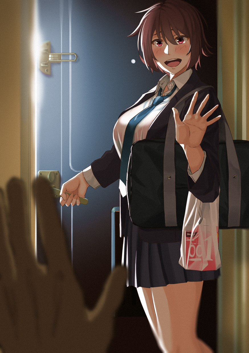 :d, 1girls, bag, bangs, black bean, black skirt, blazer, blue neckwear, blush, breasts, brown hair, collared shirt, commentary request, condom box, door, dress shirt, female, hair between eyes, highres, indoors, jacket, large breasts, looking at viewer, loose necktie, necktie, netorare, open clothes, open jacket, open mouth, opening door, original, pleated skirt, pov, red eyes, school bag, shirt, shopping bag, short hair, skirt, smile, solo focus, thighs, waving, white shirt