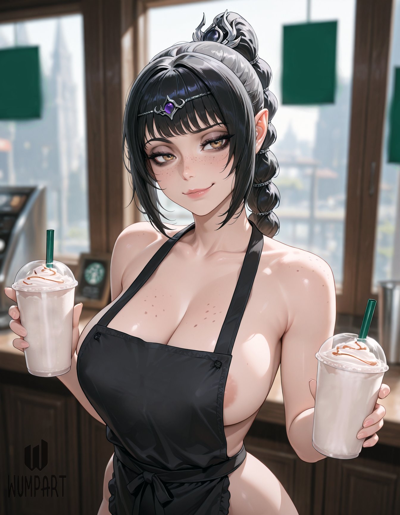 ai generated, apron, areola slip, artist name, baldur's gate 3, bare shoulders, black apron, black hair, blurry, blurry background, braid, braided ponytail, breasts, brown eyes, cafe, circlet, cleavage, closed mouth, collarbone, cup, disposable cup, drinking straw, elf, female, freckles, hair ornament, holding, holding cup, indoors, large breasts, long hair, looking at viewer, naked apron, patreon username, pointy ears, scar, scar on face, shadowheart, shadowheart (baldur's gate), smile, solo, upper body, wumpart