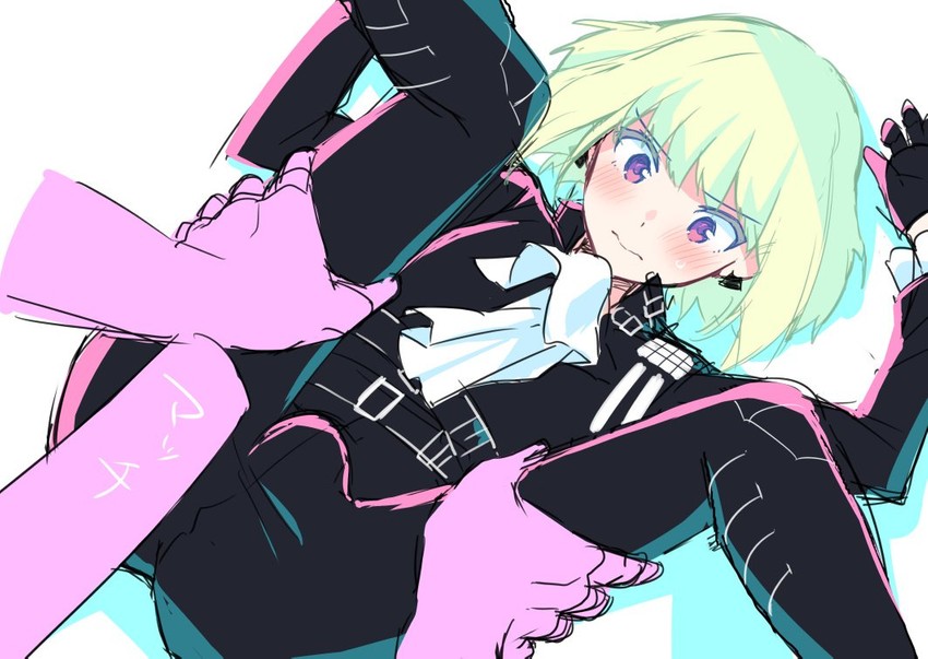 androgynous, blush, blushing, bob cut, bulge, bulge through clothing, clothing, embarrassed, femboy, feminine male, fully clothed, gloves, grabbing legs, green hair, leg grab, legs, legs apart, legs up, lio fotia, male, promare, purple eyes, solo focus, white hair