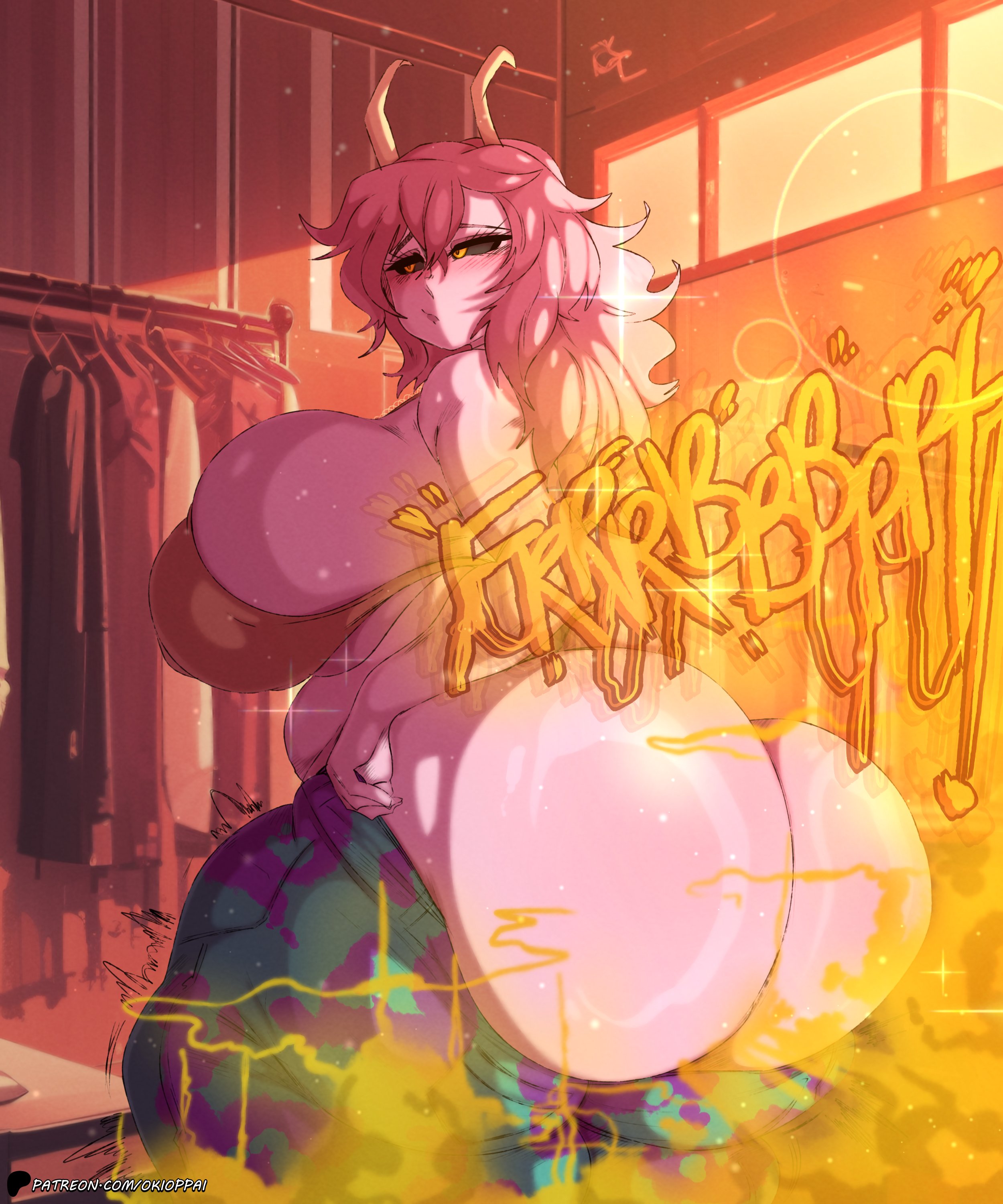 breasts, fart, fart fetish, fat ass, female, huge ass, huge breasts, looking away, mina ashido, my hero academia, my hero academia (finale), okifetish, post-timeskip, pulling up pants