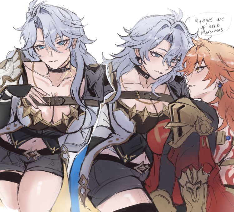 2girls, big breasts, blush, boob window, breasts, cape, clothed, clothes, clothing, female, female focus, female only, genderbent, genderswap (mtf), honkai: star rail, hoyoverse, long hair, mirshumanji, mydei (honkai: star rail), phaidei (honkai: star rail), phainon (honkai: star rail), rule 63, short shorts, shorts, smile, tattoo, tattoos, thighs, white hair, yuri