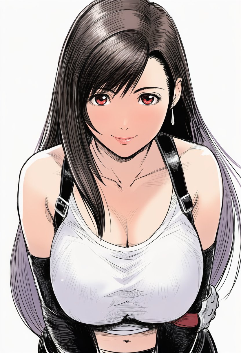 1girls, ai generated, asian, asian female, brown hair, cleavage, female, female focus, female only, final fantasy, final fantasy vii, jei games, long hair, looking at viewer, midriff, navel, red eyes, solo, square enix, tank top, tifa lockhart, tifa lockhart (1997), white tank top