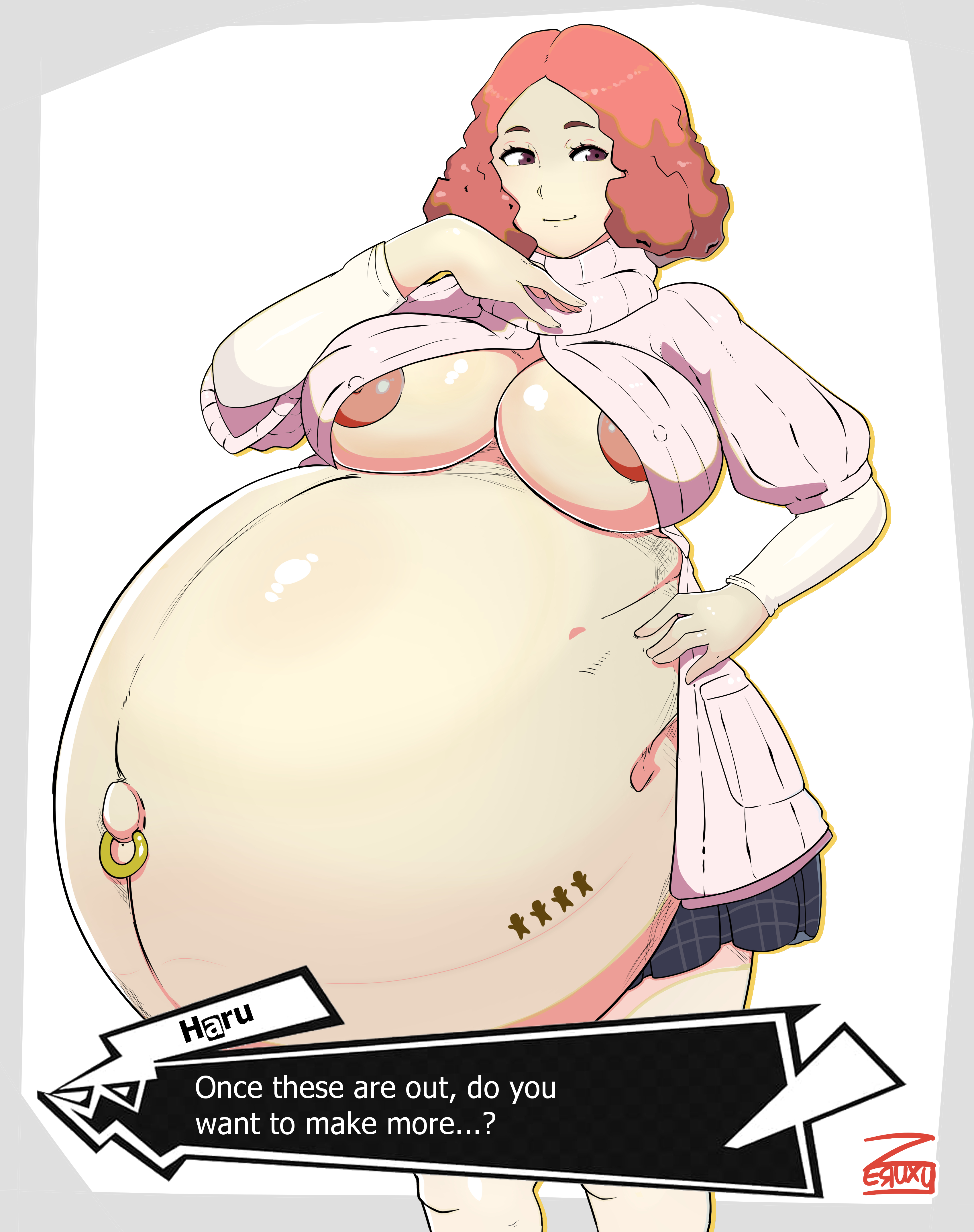 1girls, atlus, belly, belly piercing, big belly, big breasts, breasts, brown eyes, brown hair, commission, commissioner upload, dialogue, english, english text, female, female only, haru okumura, hyper pregnancy, navel piercing, navel ring, nipples, persona, persona 5, pregnancy tally, pregnant, ready to pop, short hair, skirt, smile, smiling, solo, solo female, stomach tattoo, tagme, turtleneck, watermark, white background, zeruxu