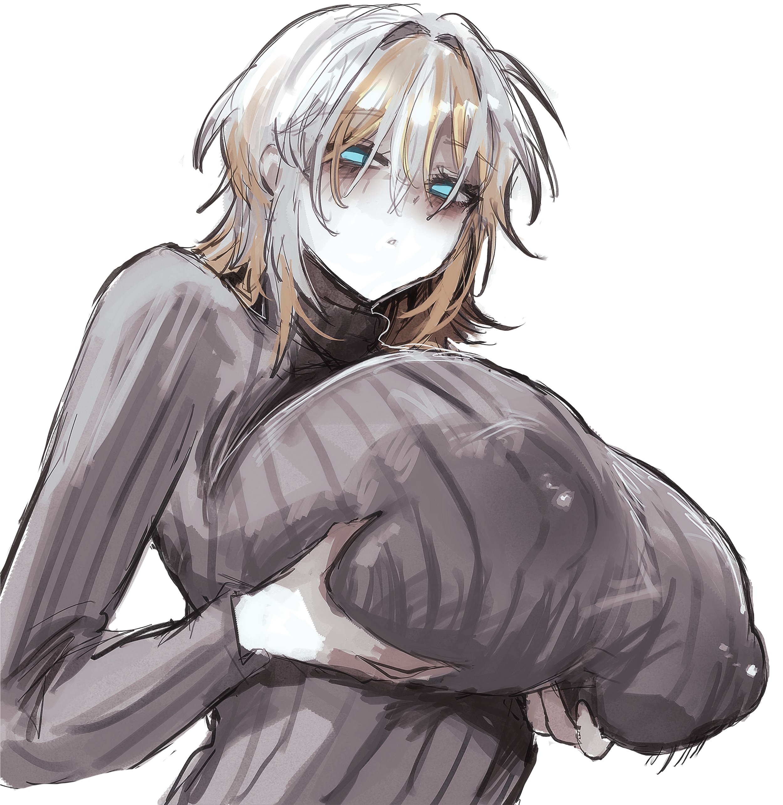 1girls, blue eyes, breasts, eyebrows visible through hair, faust (limbus company), female, female only, hair between eyes, holding own breasts, huge breasts, kisaaka, large breasts, limbus company, looking at viewer, multicolored hair, nipple bulge, pale skin, pale-skinned female, project moon, ribbed sweater, simple background, solo, streaked hair, sweater, white background, white hair
