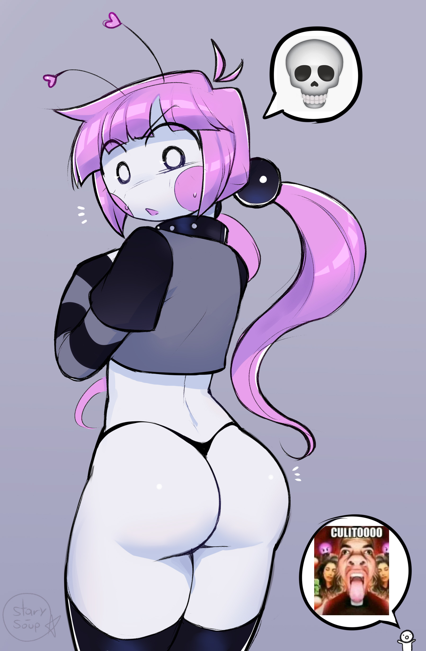 1girls, ass, digital media (artwork), emoji, female, female focus, long hair, long ponytail, pink hair, ponytail, presenting, presenting ass, presenting hindquarters, simple background, soupstary, spanish text, suprised, suprised look, sweat, tagme, thighhighs, upset, uwustary, yomi (uwustary)