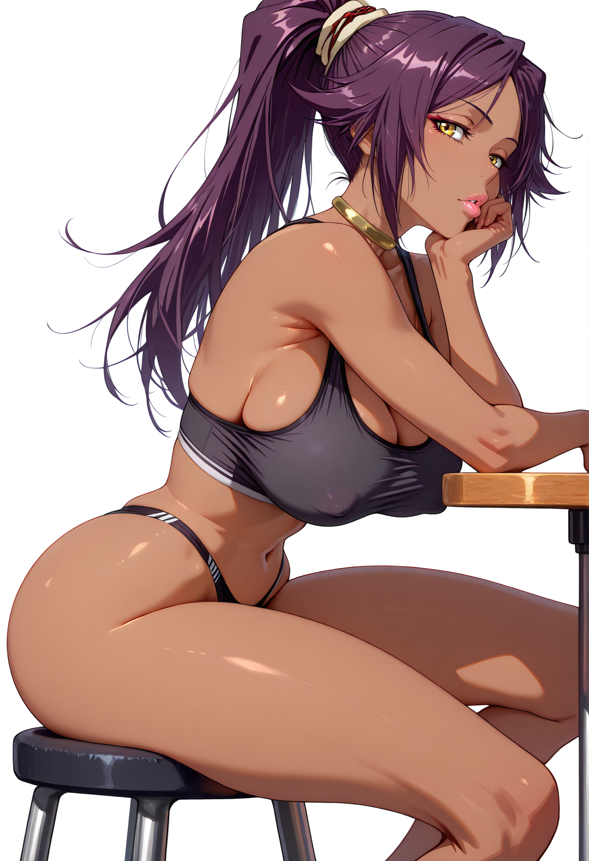1girls, ai generated, bleach, female, lewdwaifulaifu, purple hair, shihouin yoruichi, sitting, sitting on chair, slim waist, sportswear, voluptuous, yellow eyes