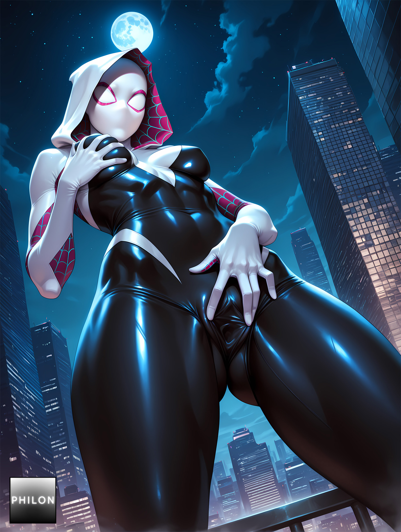 1girls, ai generated, ass visible through thighs, black bodysuit, bodysuit, breasts, building, cameltoe, city, cityscape, cloud, covered navel, covered nipples, female, female masturbation, female only, fingering, from below, full moon, grabbing own breast, hood, hood up, hooded bodysuit, impossible bodysuit, looking at viewer, marvel, marvel comics, mask, masturbation, masturbation through clothes, medium breasts, moon, night, night sky, outdoors, philon, pussy, shiny, shiny clothes, skin tight, sky, skyscraper, solo, spider web print, spider-gwen, spread pussy, spread pussy under clothes, stable diffusion, standing, star (sky), superhero, through clothes