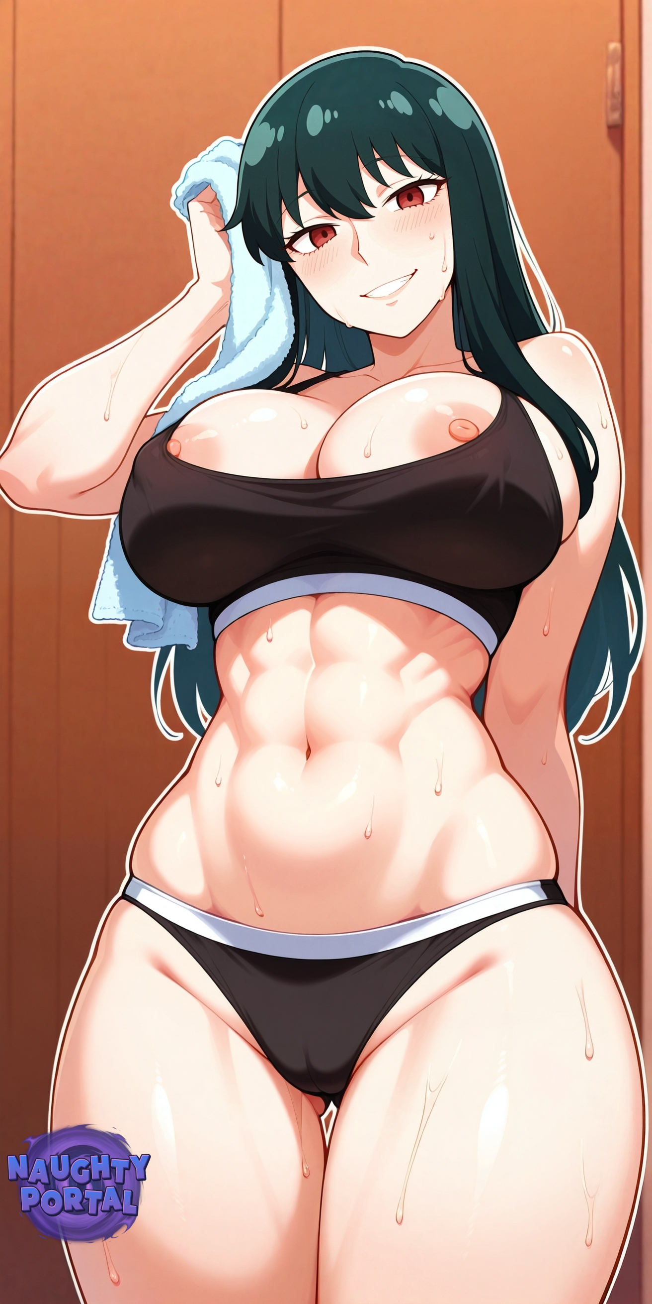abs, ai generated, areola slip, areolae slip, ass visible through thighs, big breasts, blush, blush lines, breasts, butt fang, cameltoe, dark hair, fanart, female, female focus, female only, jorgecarlosai, long hair, mature, mature female, mature woman, milf, mommy, mommy kink, navel, nipple slip, red eyes, sexy, smile, sports bra, sports panties, sportswear, spy x family, standing, sweat, sweating, sweaty, sweaty body, thighs, toned, toned body, toned female, towel, watermark, yor briar, yor forger