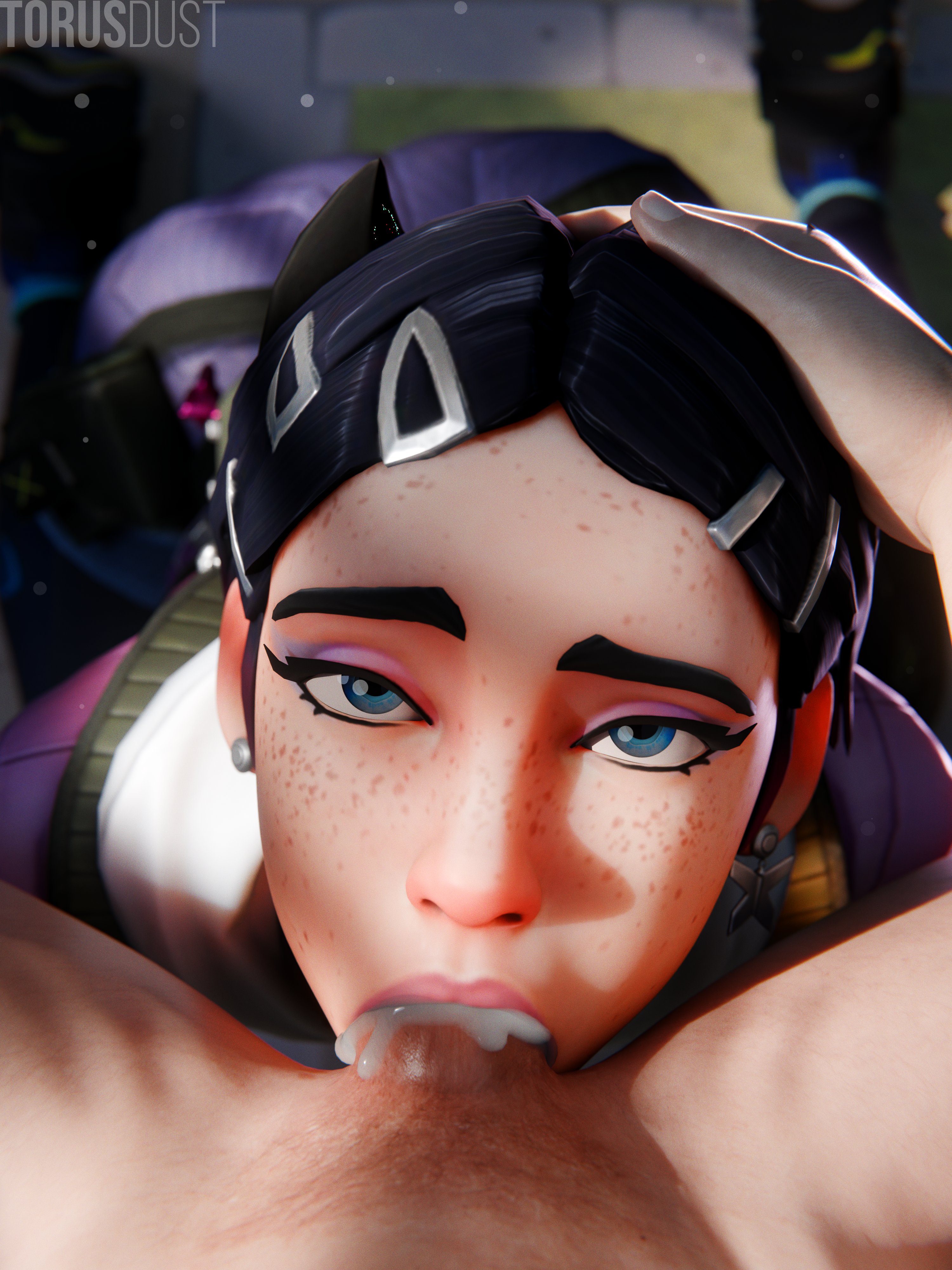 1boy, 1other, 3d, 3d (artwork), all the way to the base, big penis, blowjob, clove (valorant), cum, cum down throat, cum in mouth, cum in throat, cute, deepthroat, eye contact, freckles, hand on another's head, holding head, male, nonbinary, oral, petite, pov, pov blowjob, pov male, riot games, slim, tagme, throat fuck, throatpie, torusdust, valorant