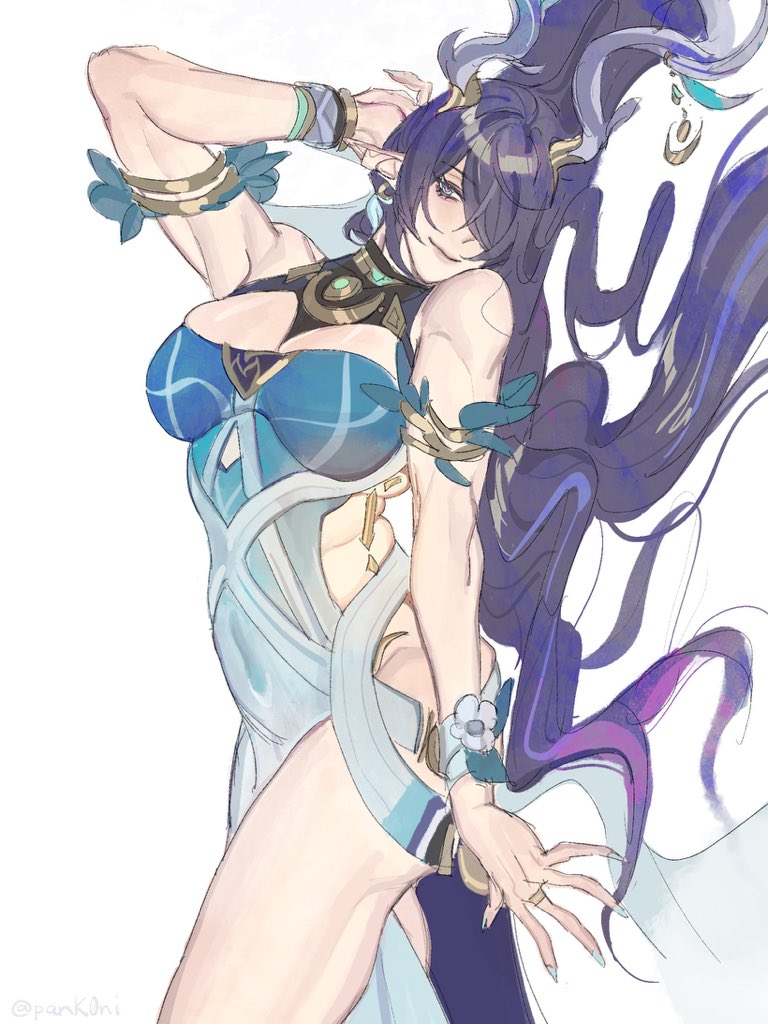 athletic, athletic female, dress, female, female focus, female only, genshin impact, hair, hair ornament, hoyoverse, lauma (genshin impact), long hair, pank0ni, thick thighs, thighs