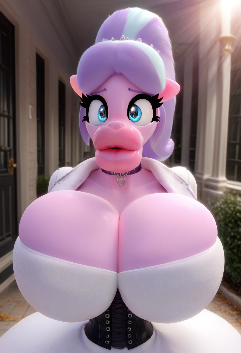 ai generated, anthro, big lips, bimbo, bimbo lips, breasts, choker, confused, corset, diamond tiara (mlp), female, friendship is magic, gigantic breasts, gooner dimension, huge breasts, hyper lips, looking at viewer, my little pony, ponytail, wide hips