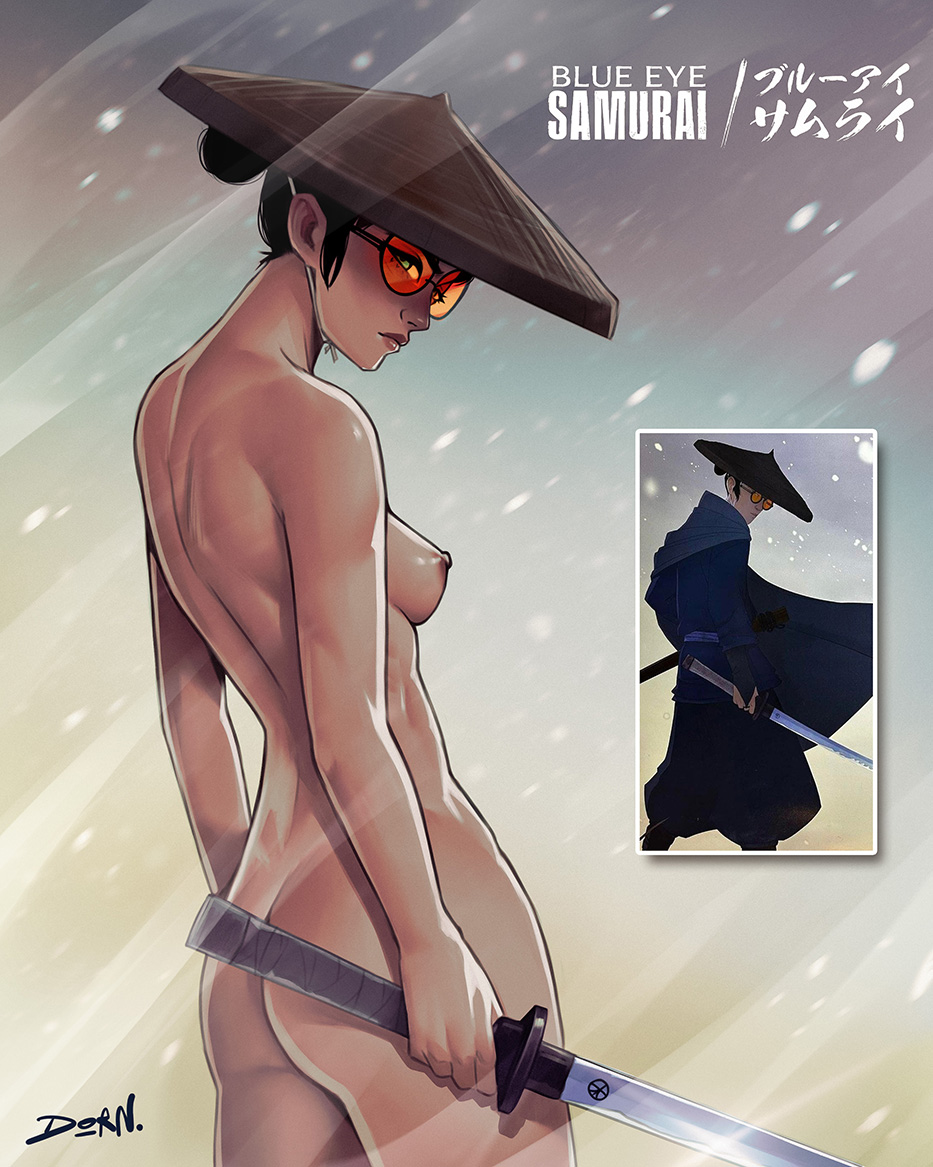 asian, asian female, blue eye samurai, blue eyes, breasts, dorndraws, female, female focus, female only, glasses, half asian, hat, katana, looking at viewer, looking over shoulder, mizu (blue eye samurai), muscular, muscular female, nude, nude female, outdoors, small breasts, snow, solo, tinted eyewear