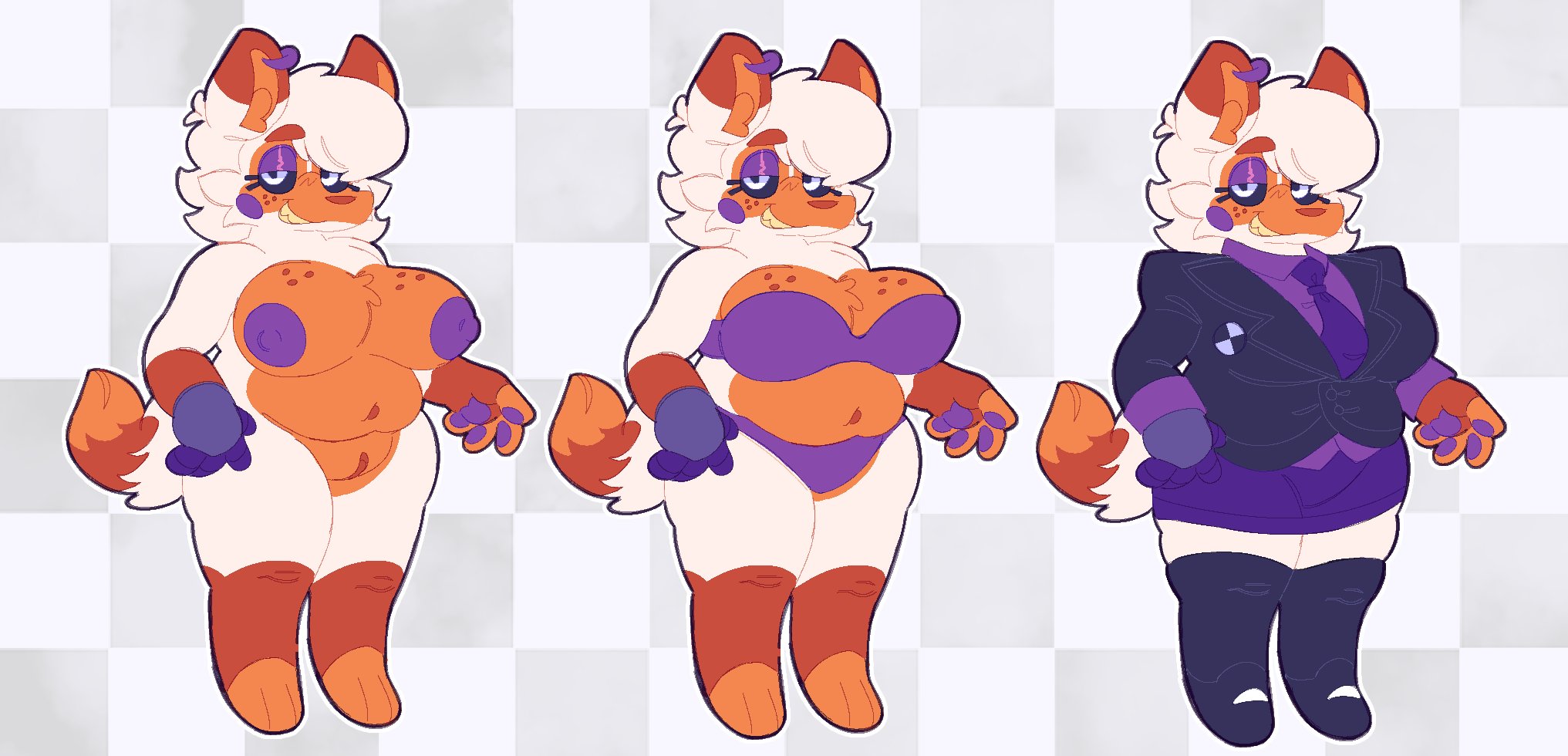 chubby, earring, fat, five nights at freddy's, kadk9, lolbit (fnaf), nude, orange fur, prosthetic, prosthetic hand, solo, suit, suit and tie, white fur