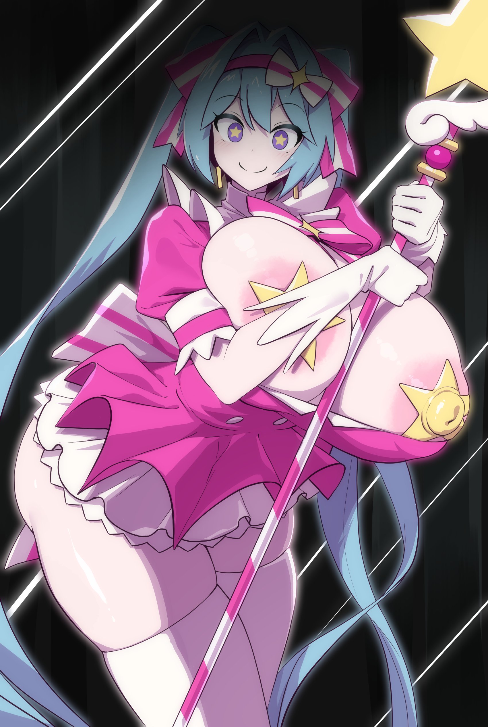 1girl, 1girls, 2025, 2d, 2d (artwork), 2d artwork, absurd res, absurdres, aqua hair, areola, areola slip, areolae, areolae slip, bangs, big breasts, blue hair, blush, breasts, breasts bigger than head, breasts out, clothed, clothed female, clothing, curvaceous, curvaceous figure, curvy, curvy body, curvy female, curvy figure, dress, dress down, dress pull, ear piercing, earrings, female, female only, gloves, hair ornament, hair ribbon, hatsune miku, hi res, highres, holding, huge breasts, large breasts, light skin, light-skinned female, long hair, looking at viewer, magic user, magic wand, magical girl, miniskirt, nipple bulge, nipples, open clothes, open dress, open shirt, pale skin, pale-skinned female, parted bangs, partially clothed, pasties, pink dress, purple eyes, retry now (vocaloid), revealing clothes, ribbon, ribbons, shiny, shiny skin, shirt down, shirt pull, sinensian, skindentation, skirt, smile, smiling, smiling at viewer, solo, solo female, staff, star, star (symbol), star eyes, star pasties, star shaped pupils, star-shaped pupils, straight hair, symbol-shaped pupils, teal hair, thick, thick hips, thick legs, thick thighs, thigh highs, thighhighs, thighs, tied hair, topless, topless female, twintails, very long hair, vocaloid, voluptuous, voluptuous female, white thighhighs, wide hips, yellow pupils