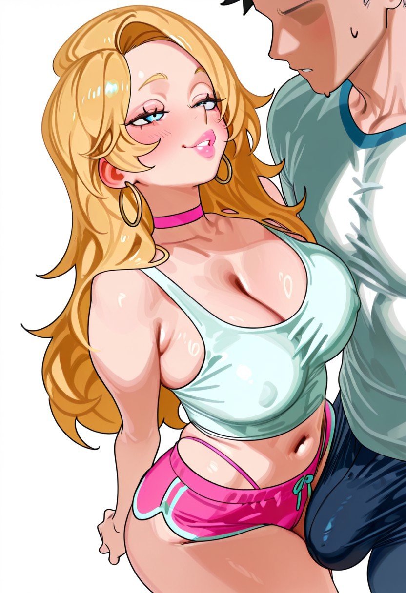 1girls, ai generated, big breasts, blonde female, blonde hair, breasts, choker, curvy, dolphin shorts, faceless male, female, gravure soraka, hoop earrings, infit, male, shorts, tank top