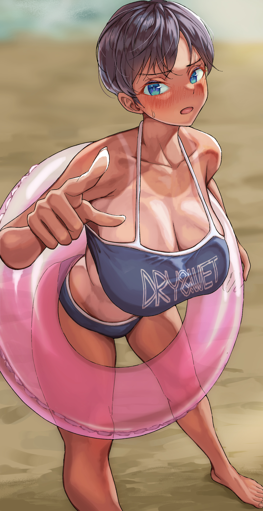 bare legs, barefoot, beach, bikini, black bikini, black hair, blue hair, blush, breasts, cleavage, commentary request, feet, female, ginyanagi, highres, holding, holding swim ring, innertube, large breasts, looking at viewer, open mouth, original, outdoors, pink innertube, pointing, sfw, short hair, standing, sweatdrop, swim ring, swimsuit, tan, tanline, toes, tomboy, very short hair
