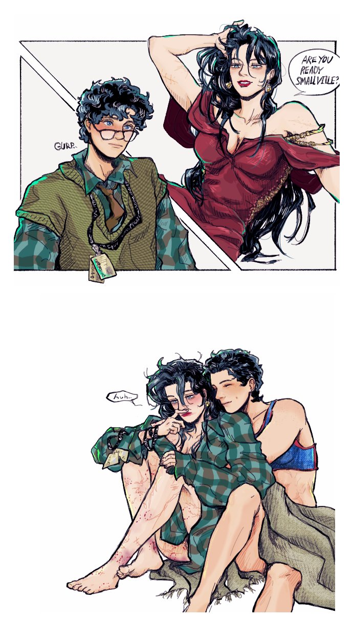 51wi21, after sex, batman, batman (bruce wayne), batman (series), bite mark, bite marks, blood, blush, butch, clothed, clothes, clothing, dc, dc comics, dominant female, dress, female, female focus, female only, genderbent, genderswap (mtf), glasses, implied sex, larger female, long hair, no pants, rule 63, short hair, shorter female, smaller female, smile, smiling, submissive female, superman, superman (clark kent), superman (series), taller female, tomboy, yuri