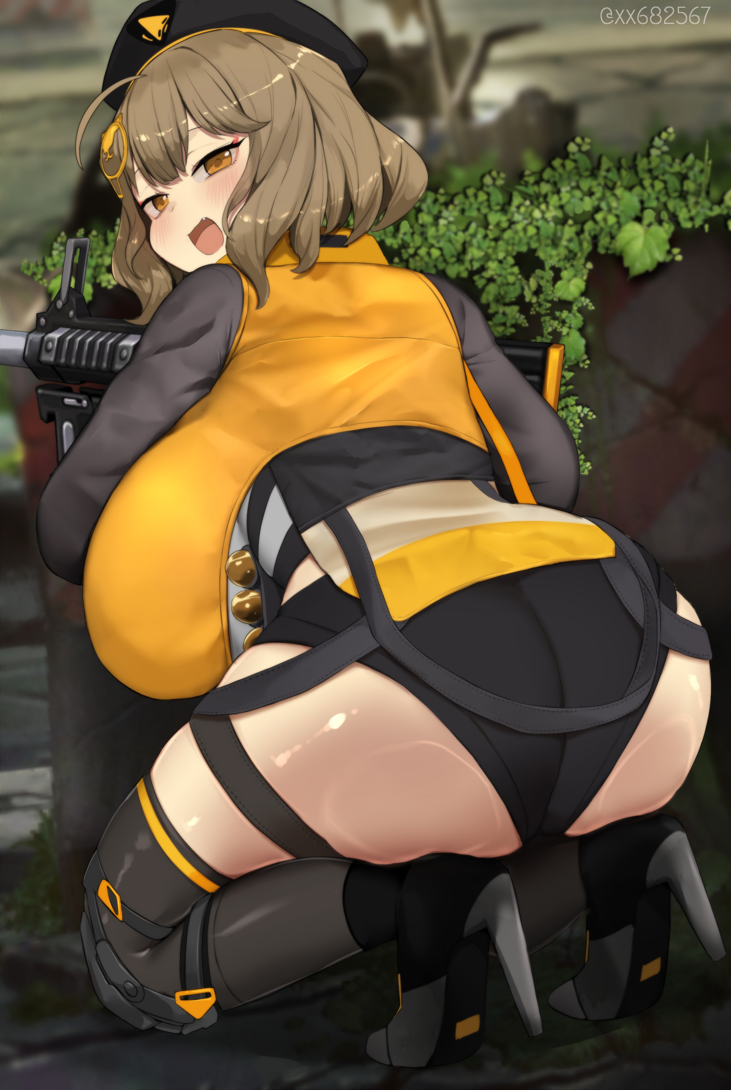 1girls, anis (nikke), ass, black stockings, boots, breasts, brown hair, crouching, detailed background, fanart, female, goddess of victory: nikke, grenade launcher, kneeling, large breasts, military, solo, solo female, stockings, thighs, twitter username, weapon, xx682567, yellow jacket