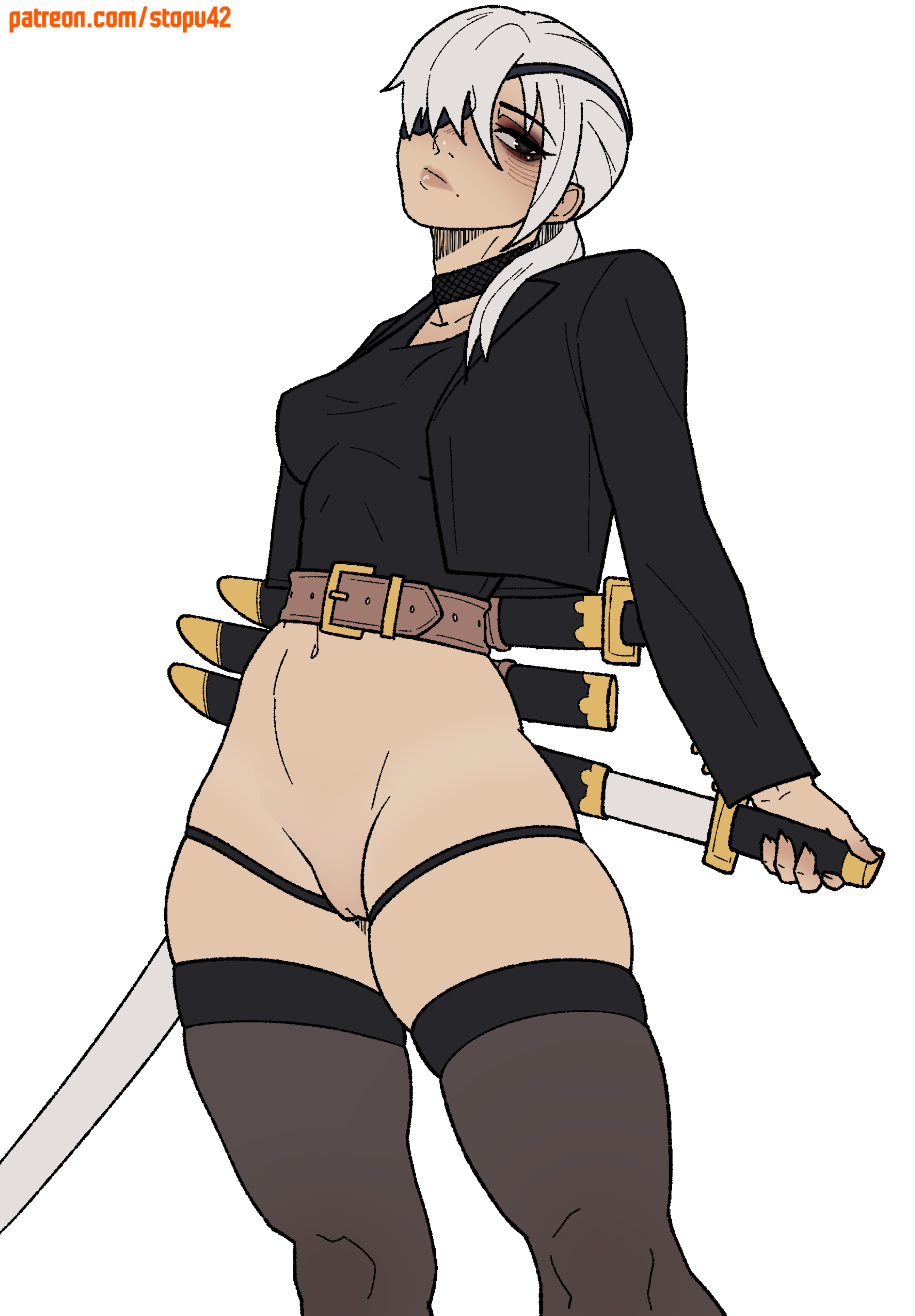 1girl, 2d, 2d (artwork), abs, athletic female, belt, black choker, black dress, black eyes, black jacket, black thighhighs, blush, breasts, brown belt, chainsaw man, choker, closed mouth, collarbone, cropped jacket, dress, expressionless, eyelashes, eyepatch, feet out of frame, female, hair over one eye, highres, holding, holding sword, holding weapon, jacket, lips, long sleeves, looking at viewer, medium breasts, mole, mole under mouth, muscular, muscular female, nose, nude female, patreon username, ponytail, quanxi (chainsaw man), simple background, single sidelock, skindentation, small breasts, solo, stopu, sword, tagme, thick thighs, thighhighs, thighs, weapon, white background, white hair