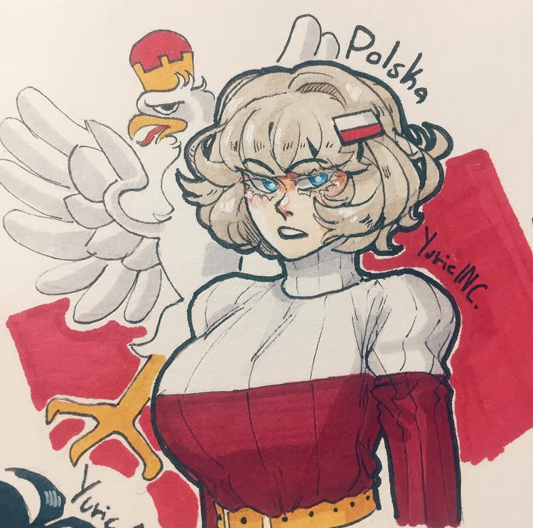 artist name, belt, big breasts, bird, blonde eyelashes, blonde hair, blue eyes, breasts, breasts bigger than head, clothing, coat of arms, country inc (yuric inc), eyebrows, eyelashes, female, female only, gigantic breasts, hairpin, huge breasts, human, large breasts, light skin, light-skinned female, massive breasts, medium hair, national personification, nose, poland (yuric inc), polish, polish flag, polish text, sfw, sweater, tight clothing, turtleneck, watermark, white background, white skin, yuric inc