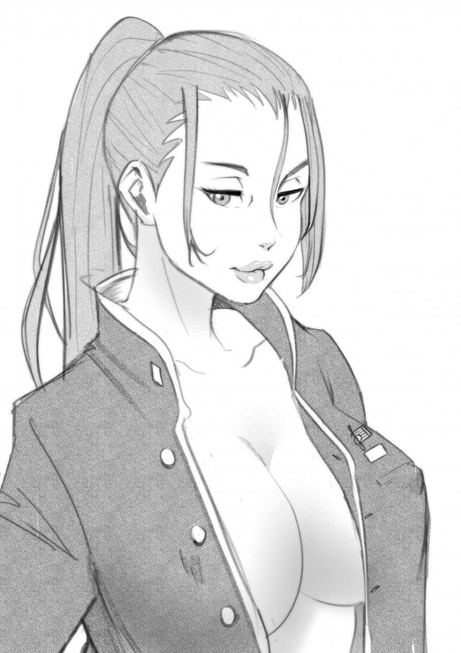 1girls bangs big_breasts breasts cleavage clothing erect_nipples erect_nipples_under_clothes female female_only huge_breasts jacket lipstick long_hair makeup monochrome naruto naruto_(series) naruto_shippuden nipples no_bra open_clothes ponytail seductive_eyes seductive_look shiseru_(naruto) smile tied_hair upper_body zanzagen