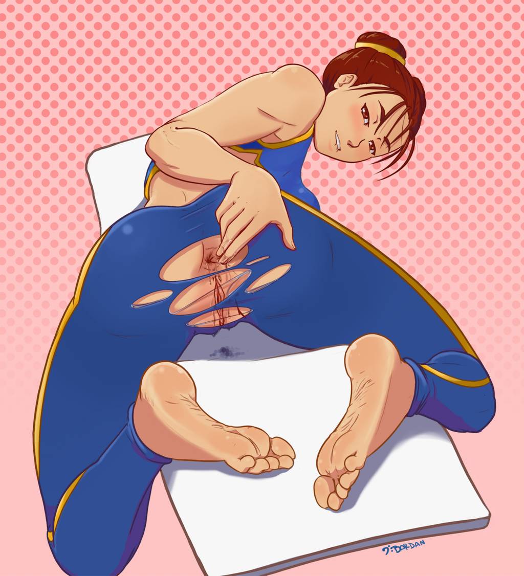anus, asian, ass, barefoot, biting lip, blush, chun-li, clothing, doggy style, feet, female, presenting anus, presenting ass, street fighter, tagme